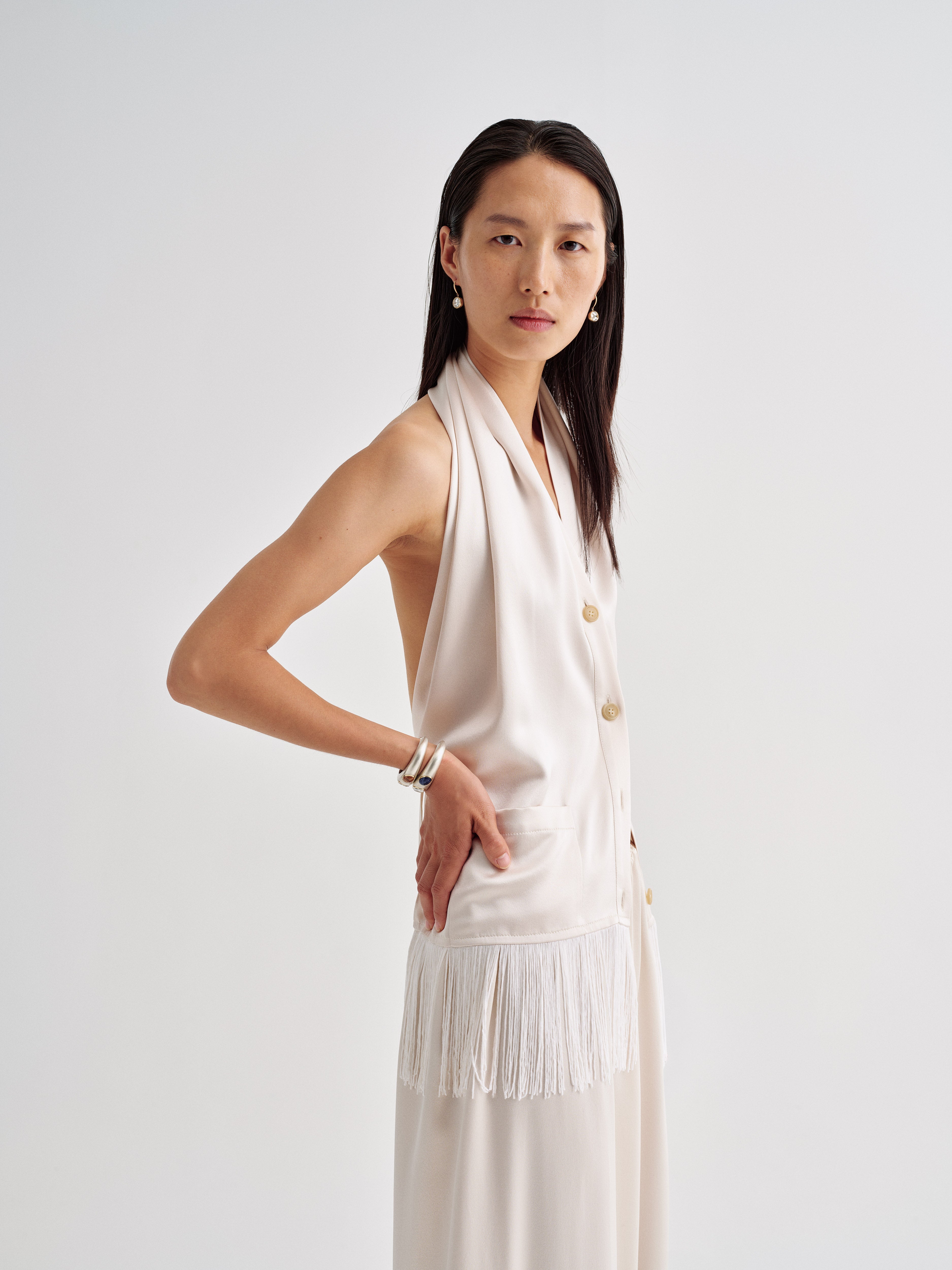 AFLALO Alere Top in Silk, Ivory, side view on model