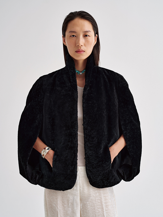 AFLALO Cena Cape in Shearling, Black, front view on model
