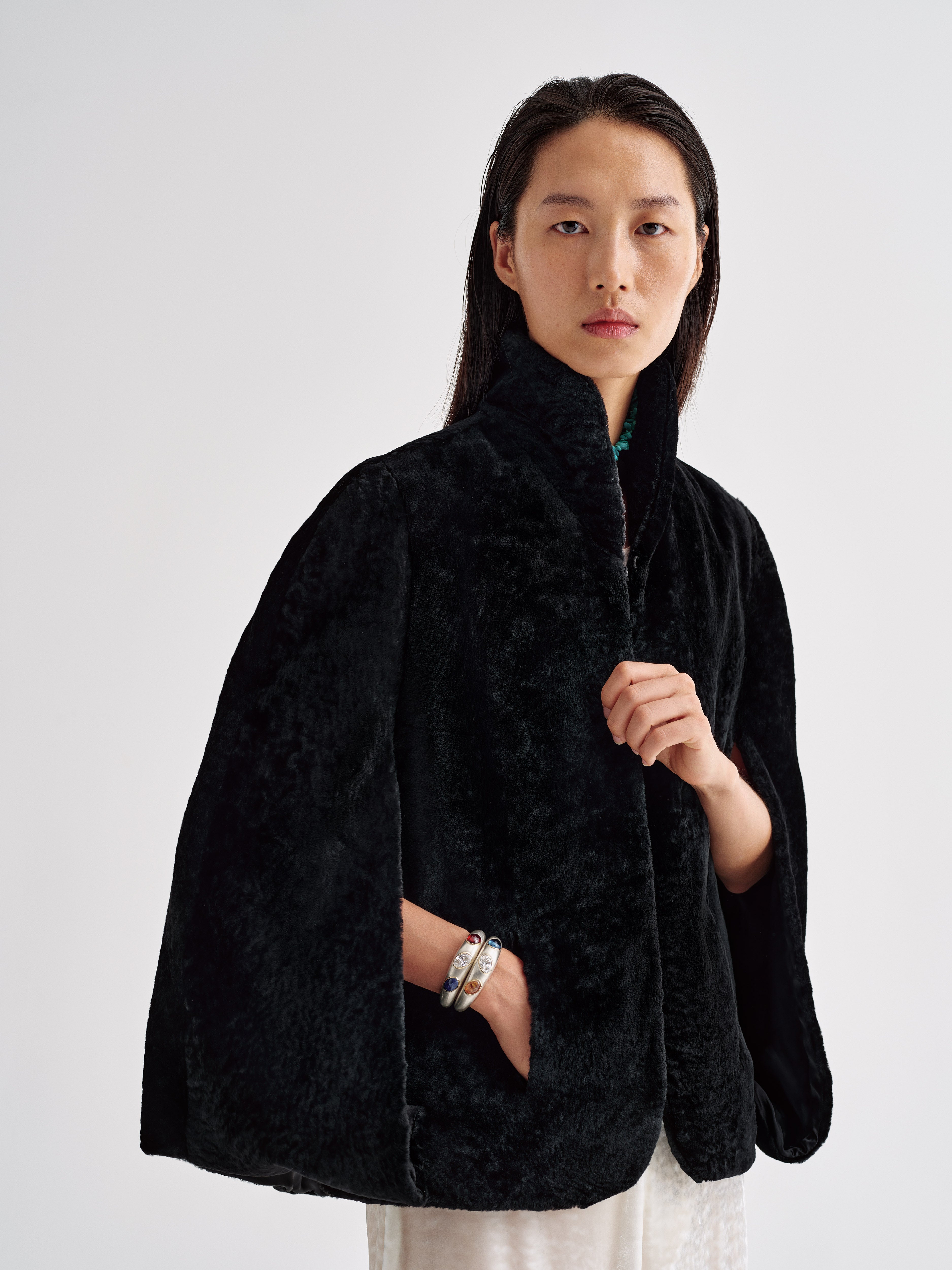 AFLALO Cena Cape in Shearling, Black, front view on model