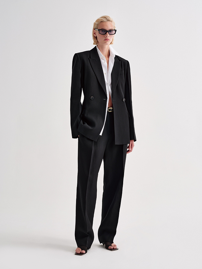 AFLALO Danika Trouser in Viscose Silk, Black, and Gallo Blazer in Viscose Silk, Black, front view on model