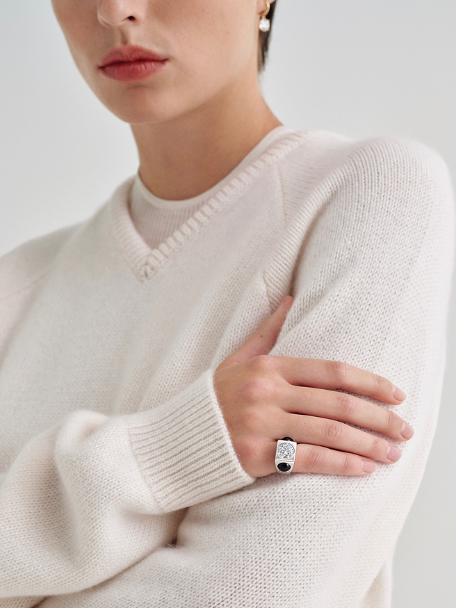 AFLALO Hex Ring in White Gold, close-up on model