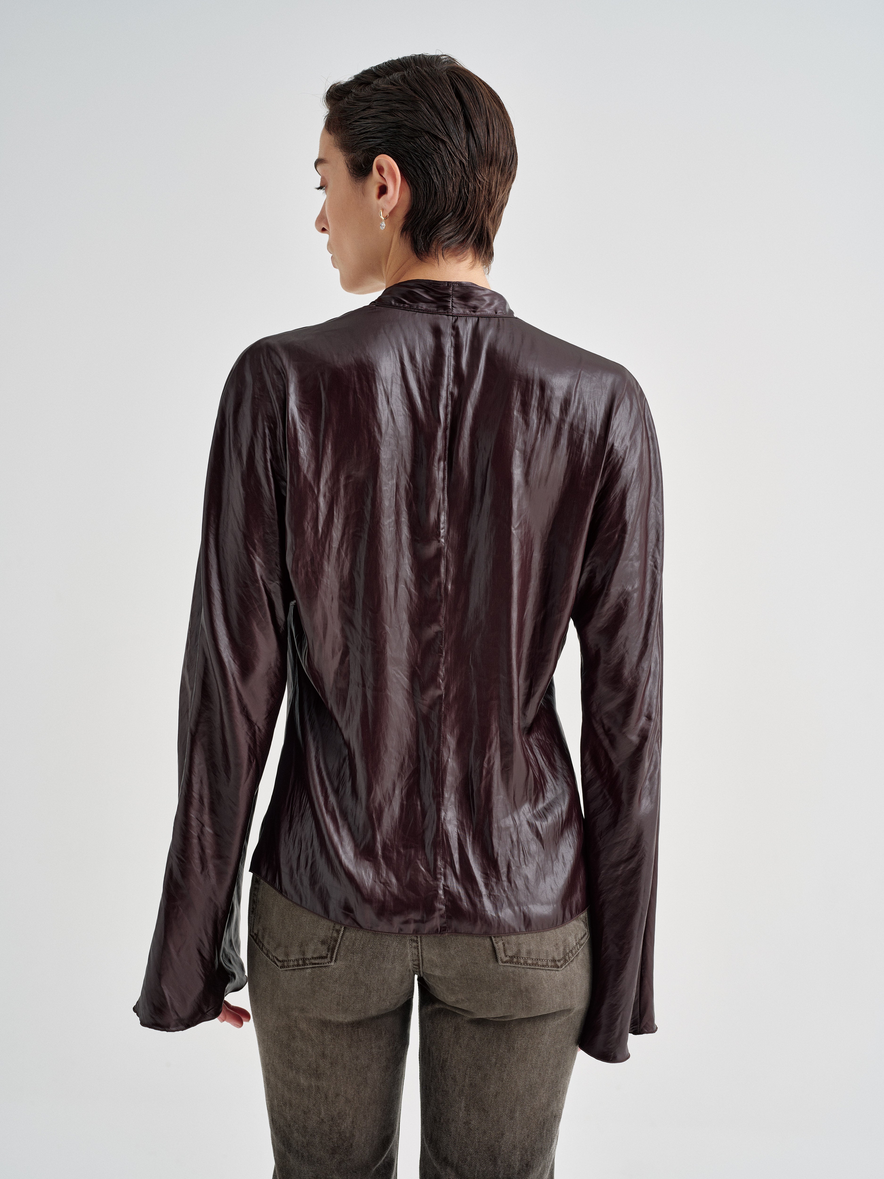 AFLALO Jovi Top in Silk, Espresso, back view on model