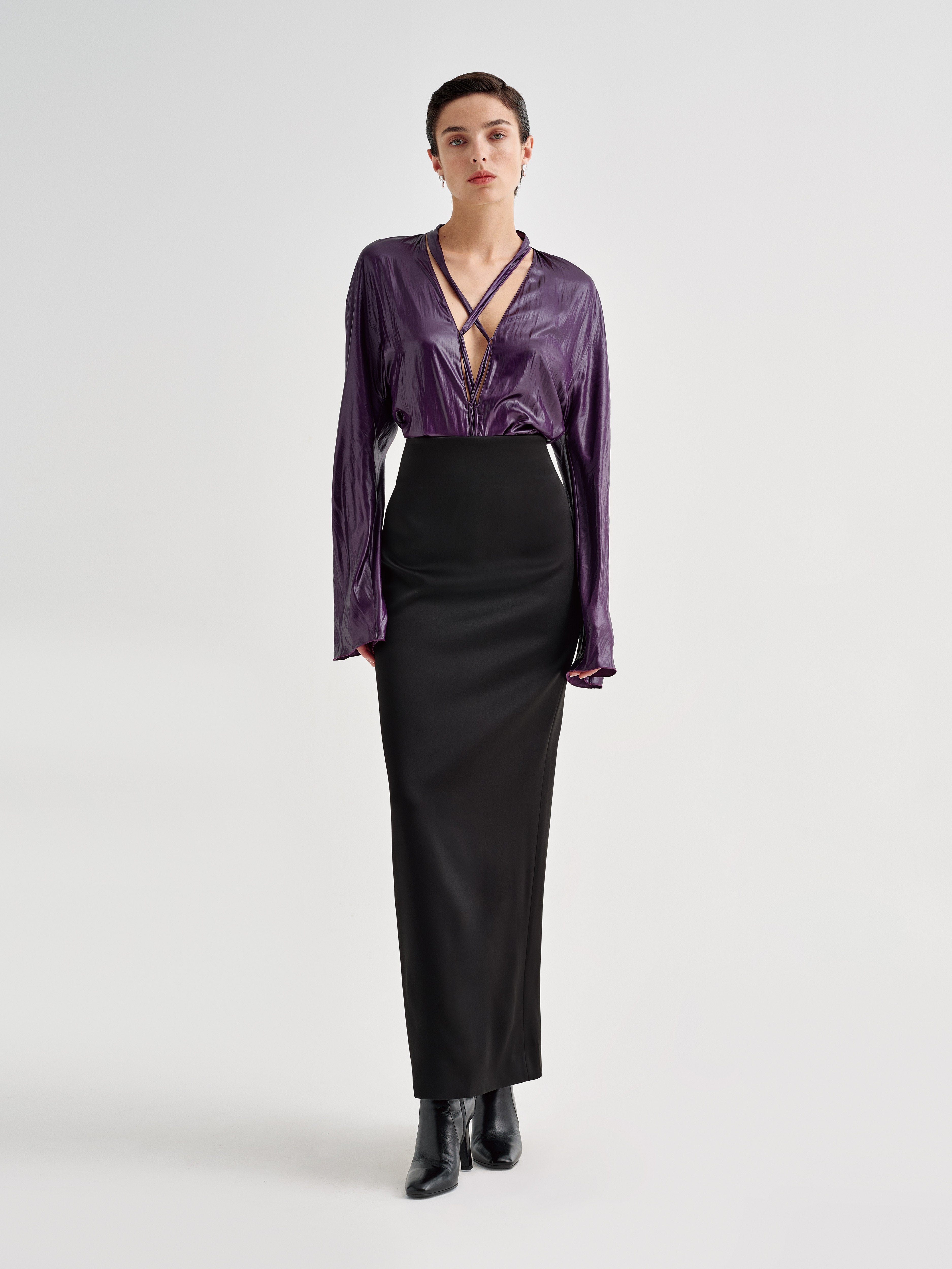 AFLALO Jovi Top in Silk, Iris, front view on model