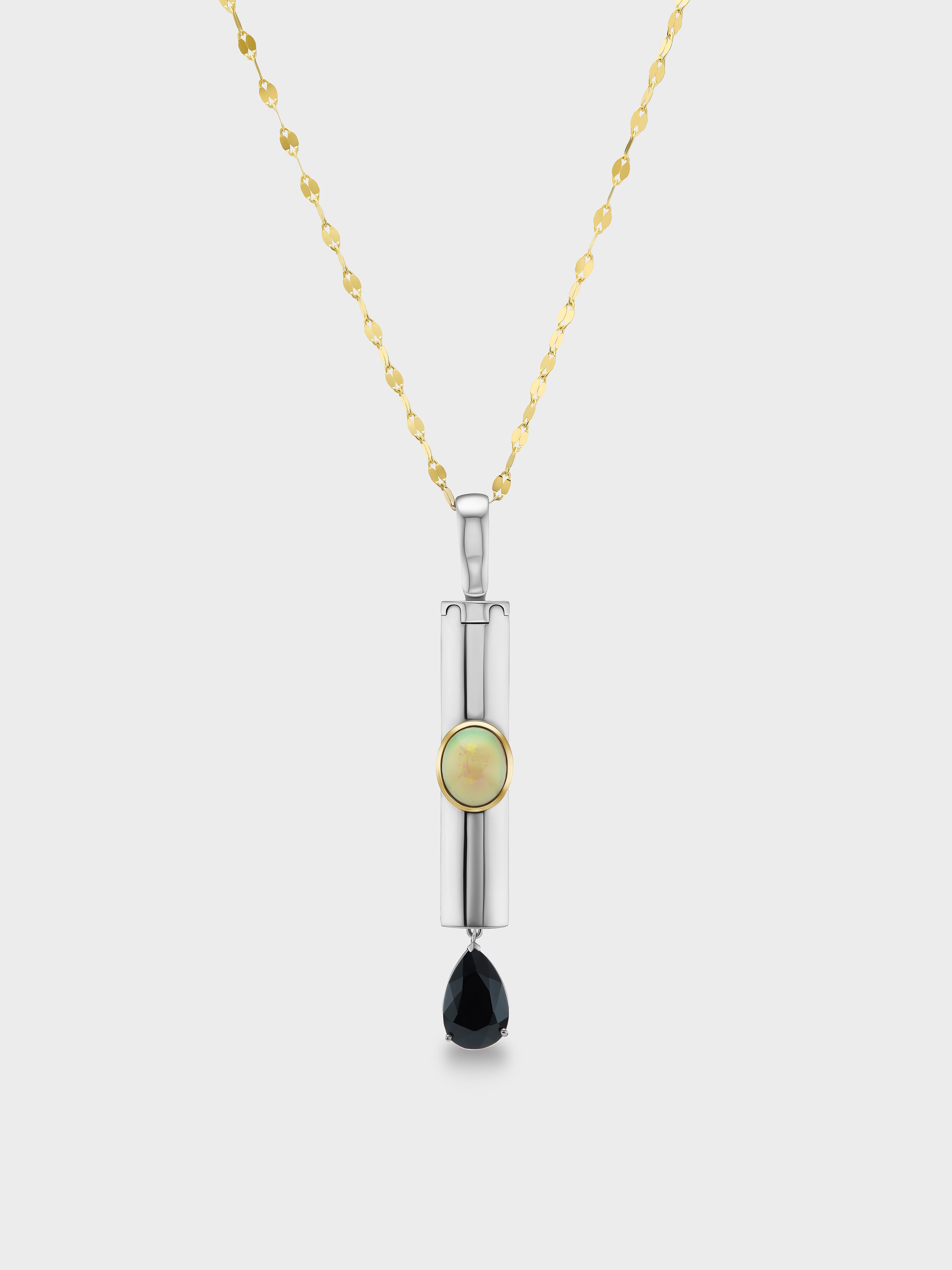 AFLALO Mini Mom Necklace in Silver, Opal and Onyx, front view