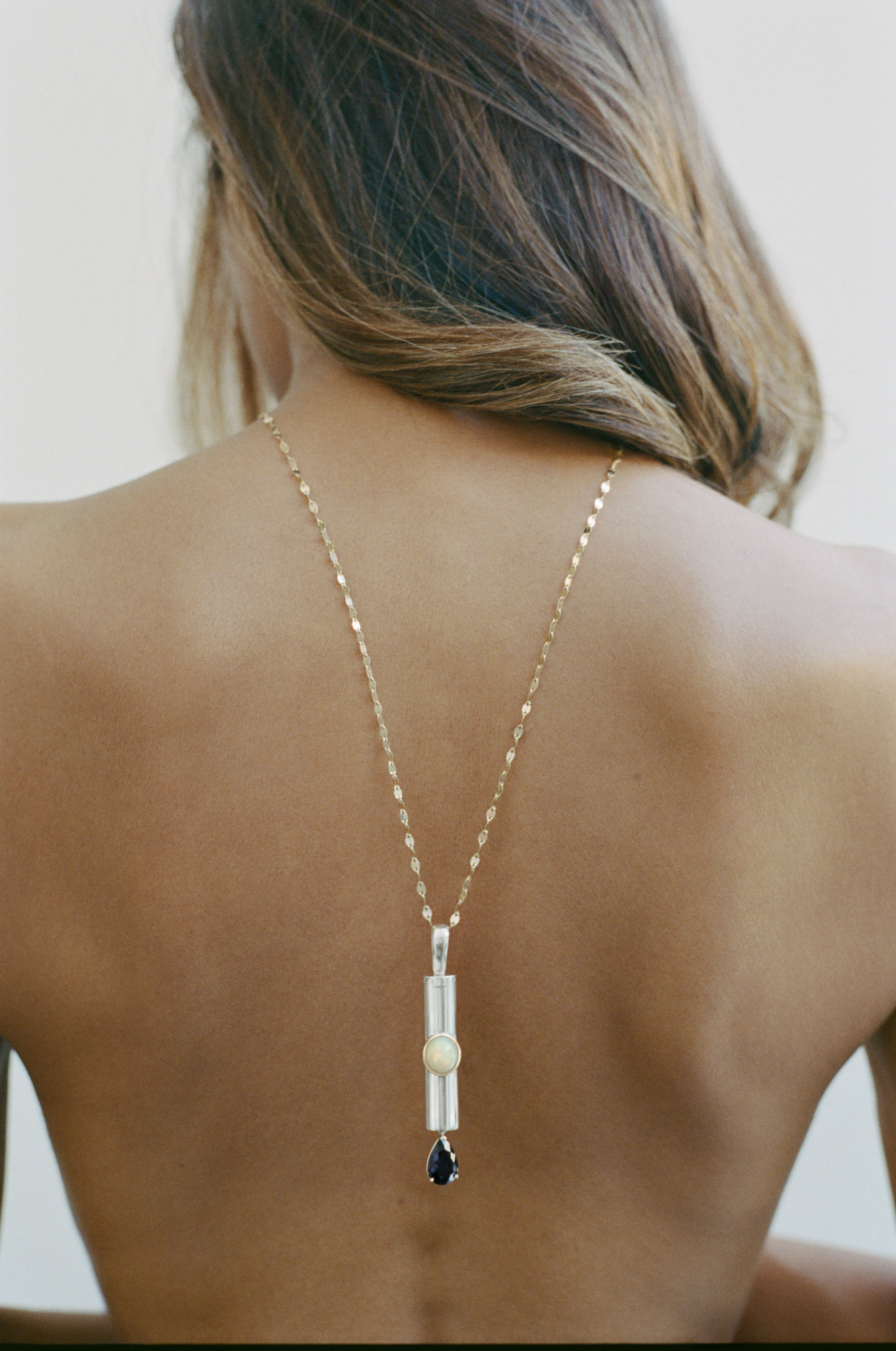 AFLALO Mini Mom Necklace in Silver, Opal and Onyx, back view on model