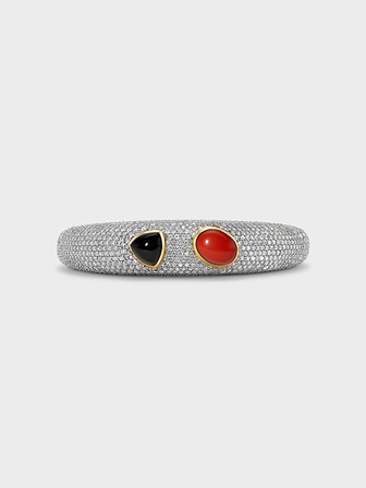 AFLALO Pavé Romani Cuff in Silver, Coral and Black Onyx, front view