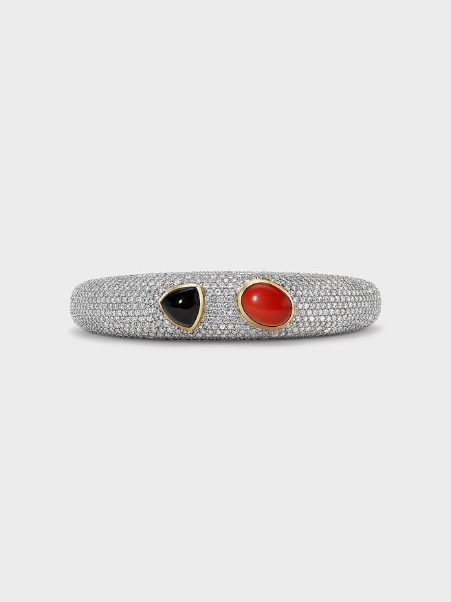 AFLALO Pavé Romani Cuff in Silver, Coral and Black Onyx, front view