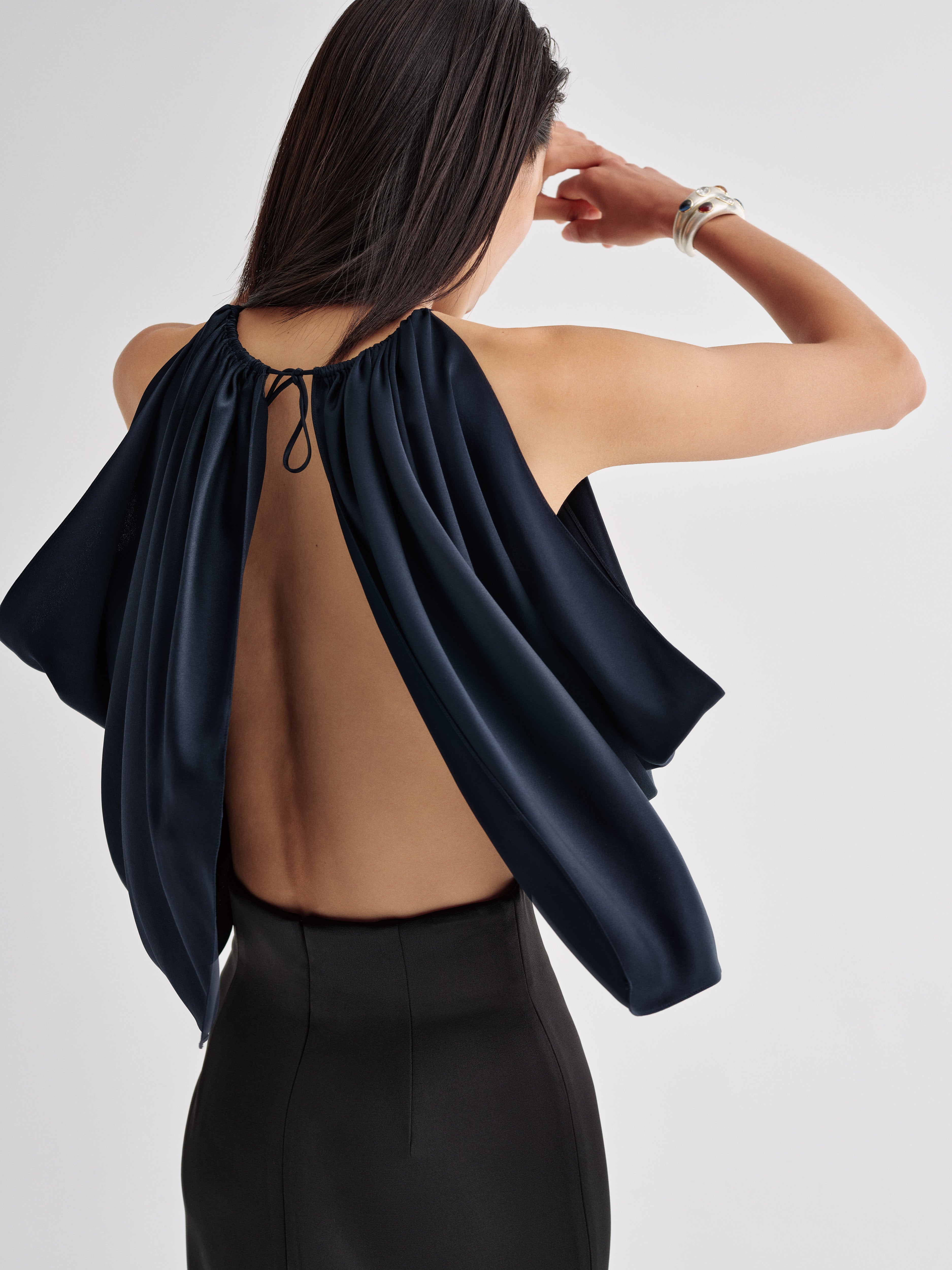 AFLALO Reysa Top in Silk, Midnight, back view on model