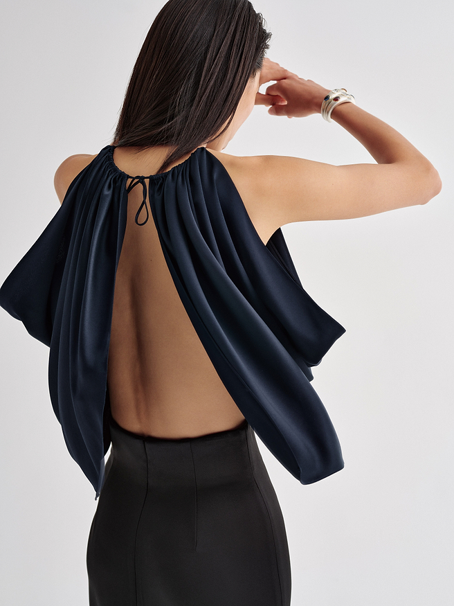 AFLALO Reysa Top in Silk, Midnight, back view on model