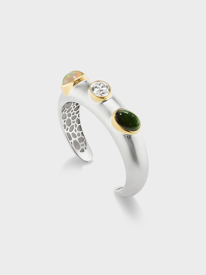AFLALO Romani Cuff in Silver, Opal and Green Tourmaline, front view