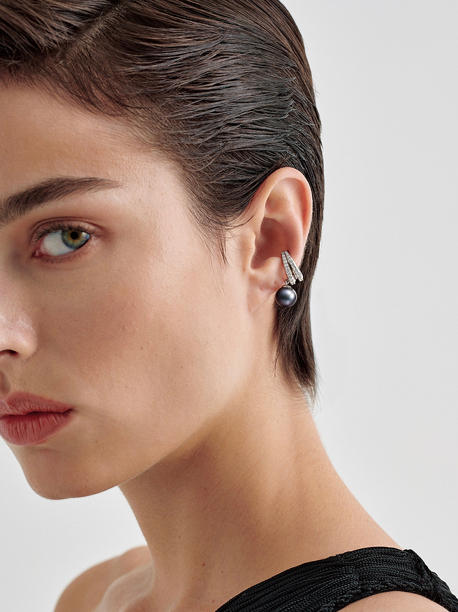 AFLALO Tahitian Pavé Ear Cuff in White Gold, close-up on model