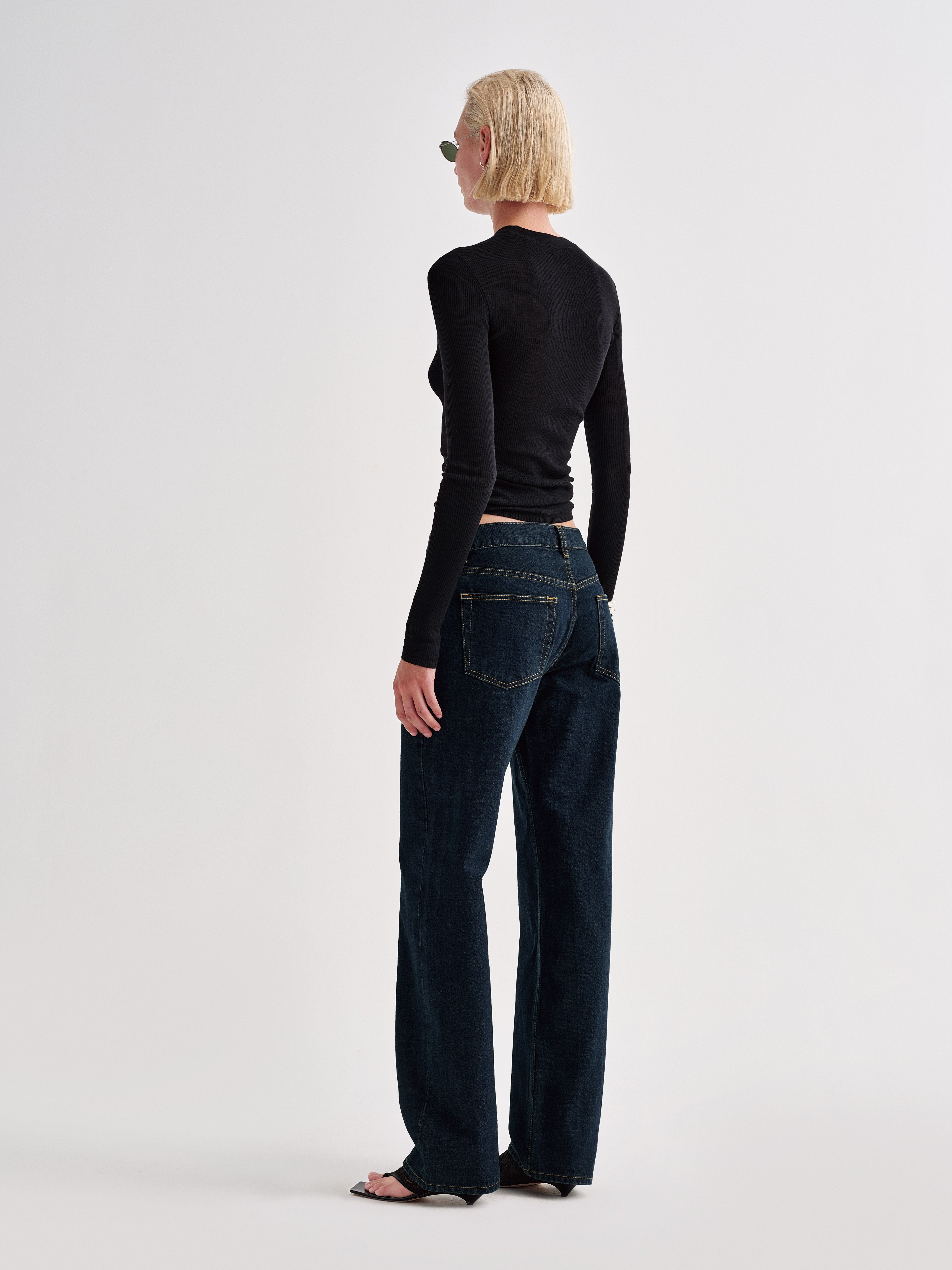 AFLALO Verne Jean in Rigid Denim, Nihon Rinse, back view on model