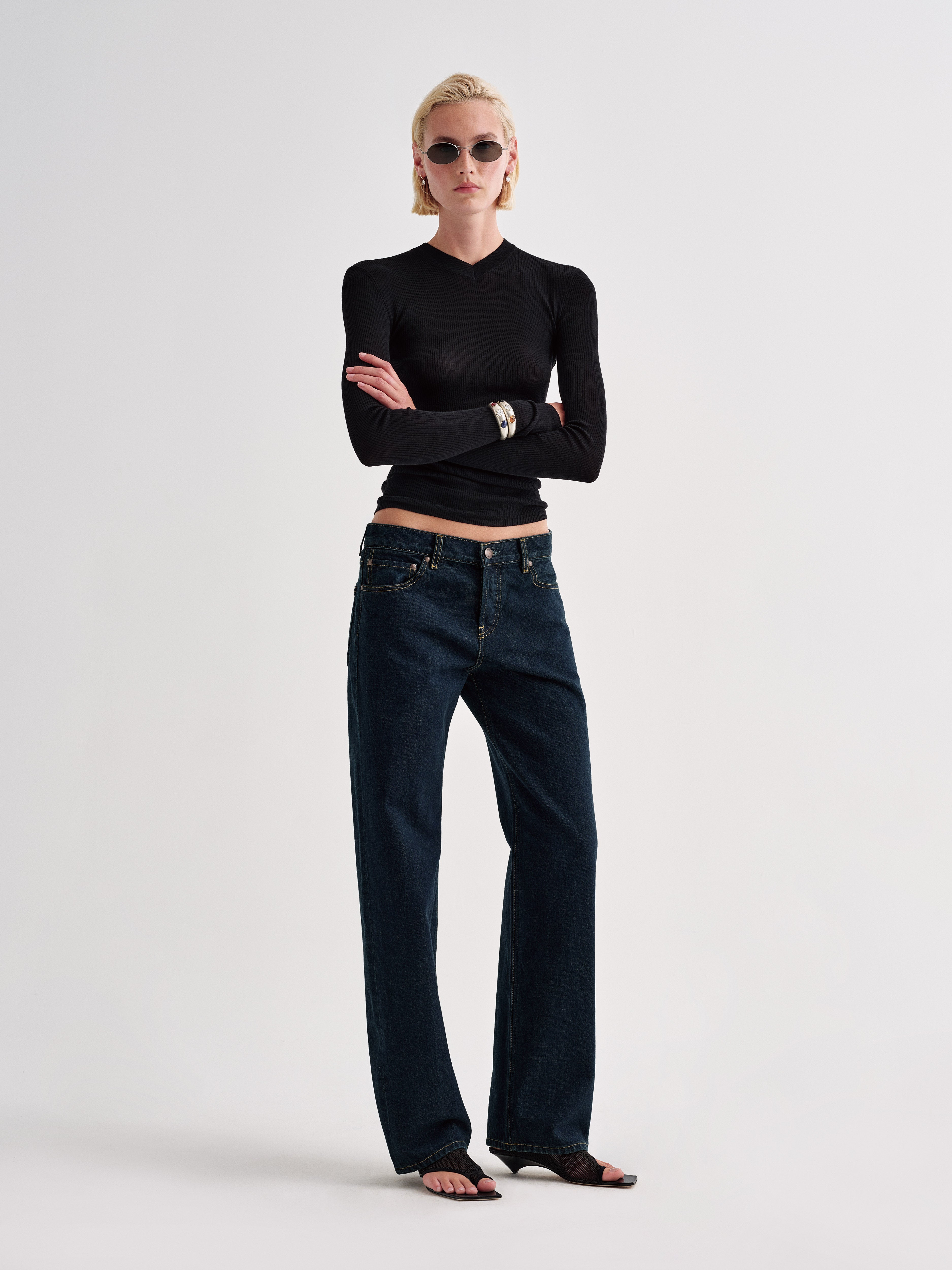 AFLALO Verne Jean in Rigid Denim, Nihon Rinse, front view on model