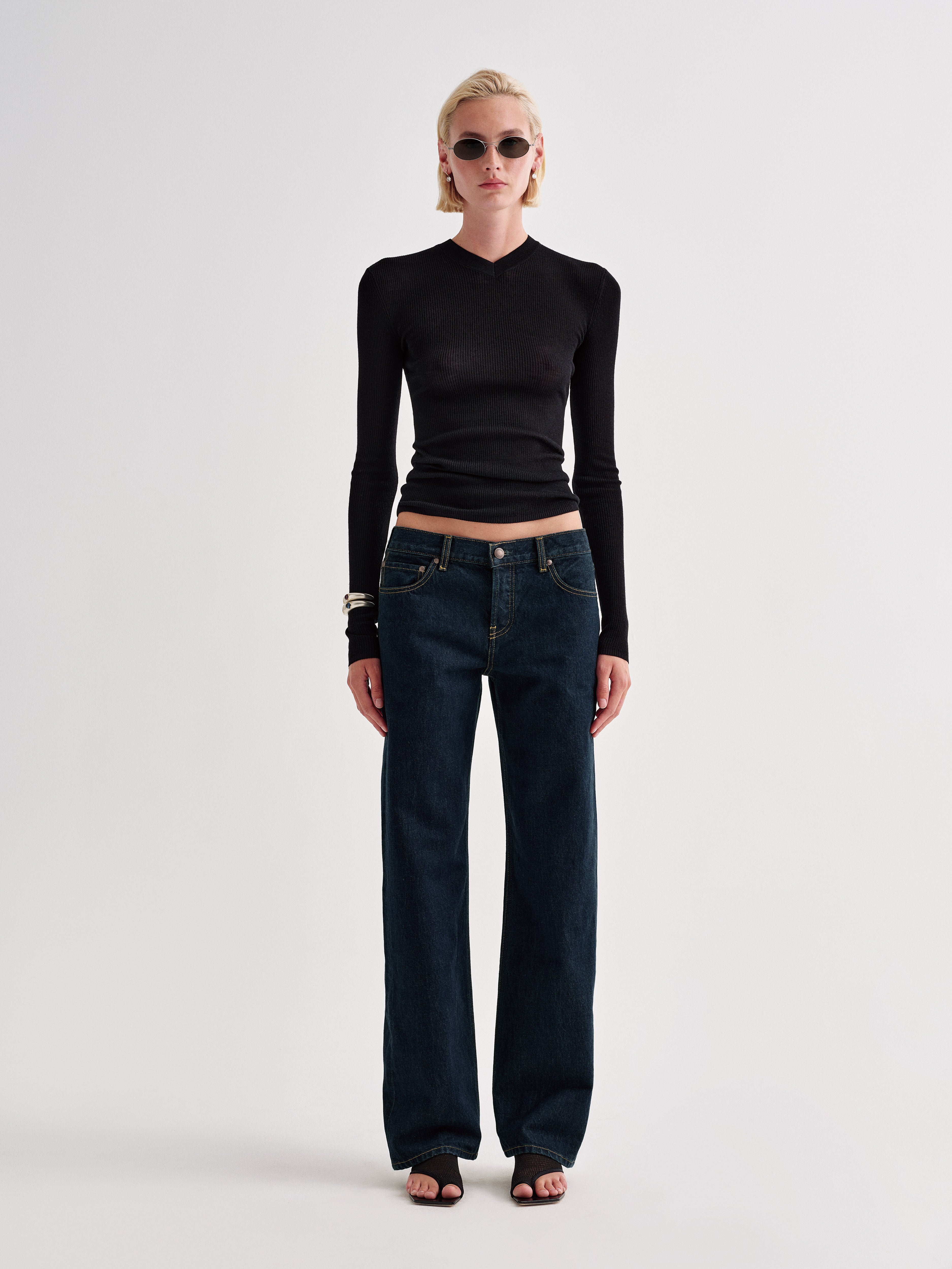 AFLALO Verne Jean in Rigid Denim, Nihon Rinse, front view on model