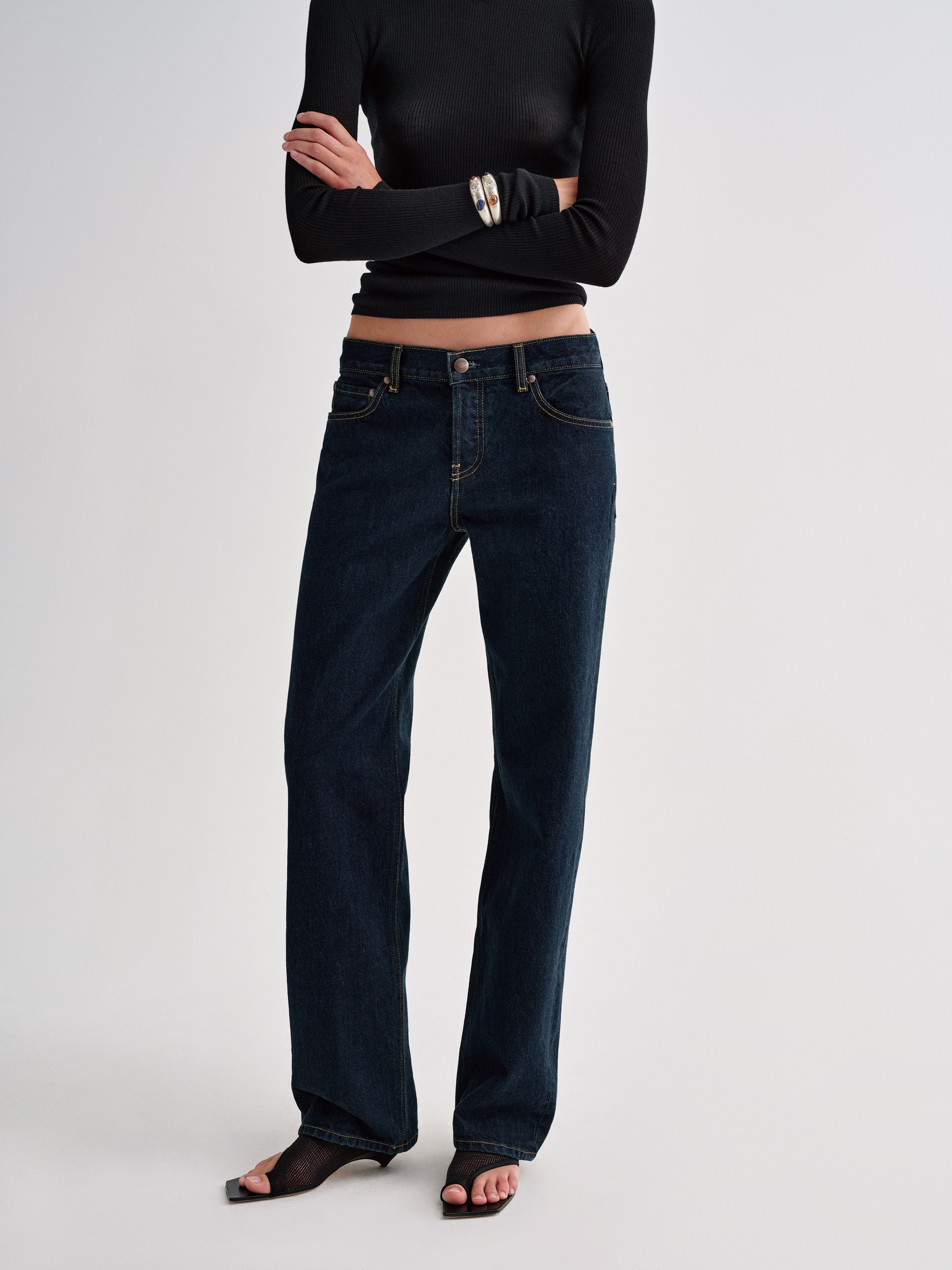 AFLALO Verne Jean in Rigid Denim, Nihon Rinse, front view on model
