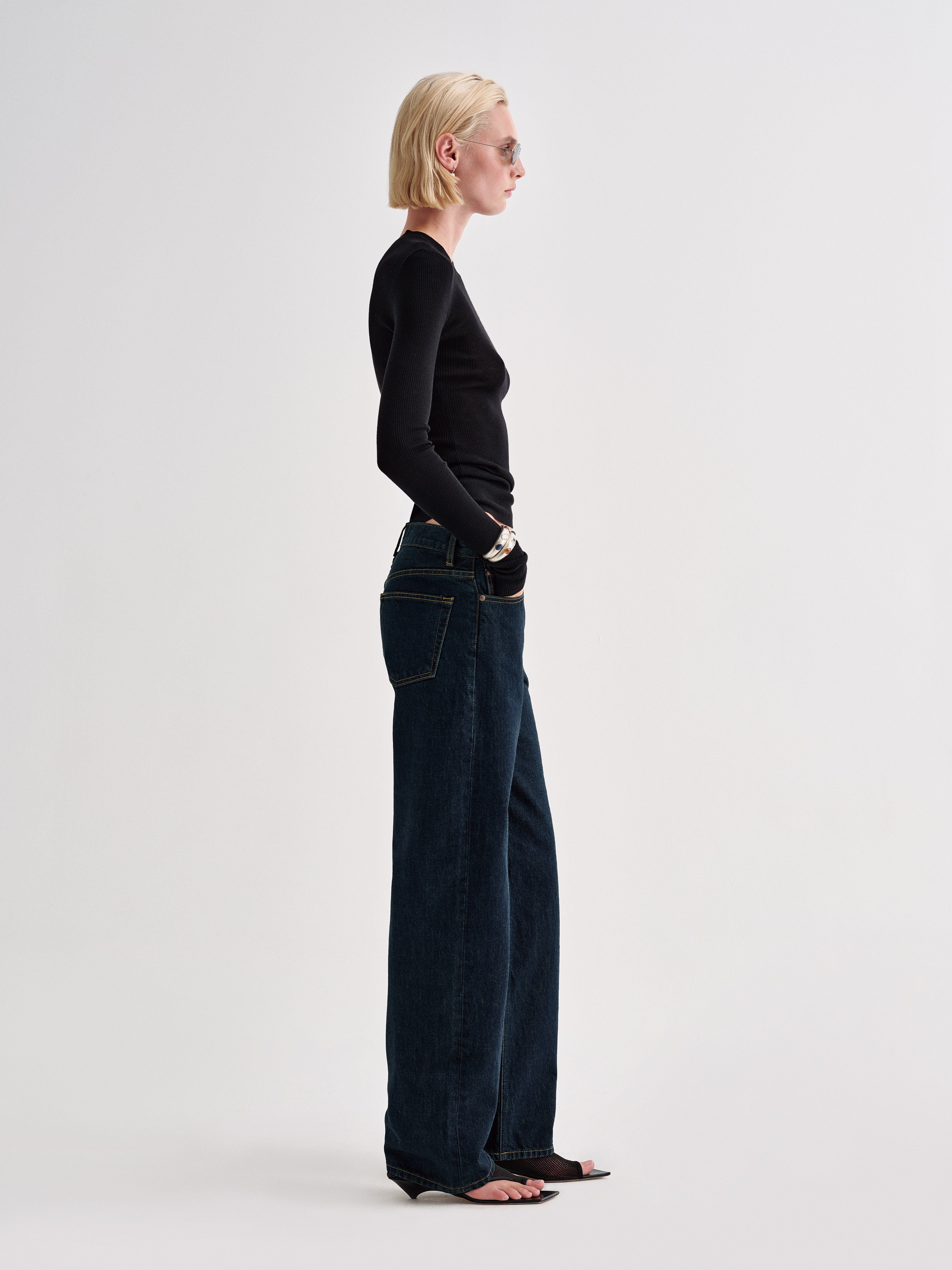 AFLALO Verne Jean in Rigid Denim, Nihon Rinse, side view on model