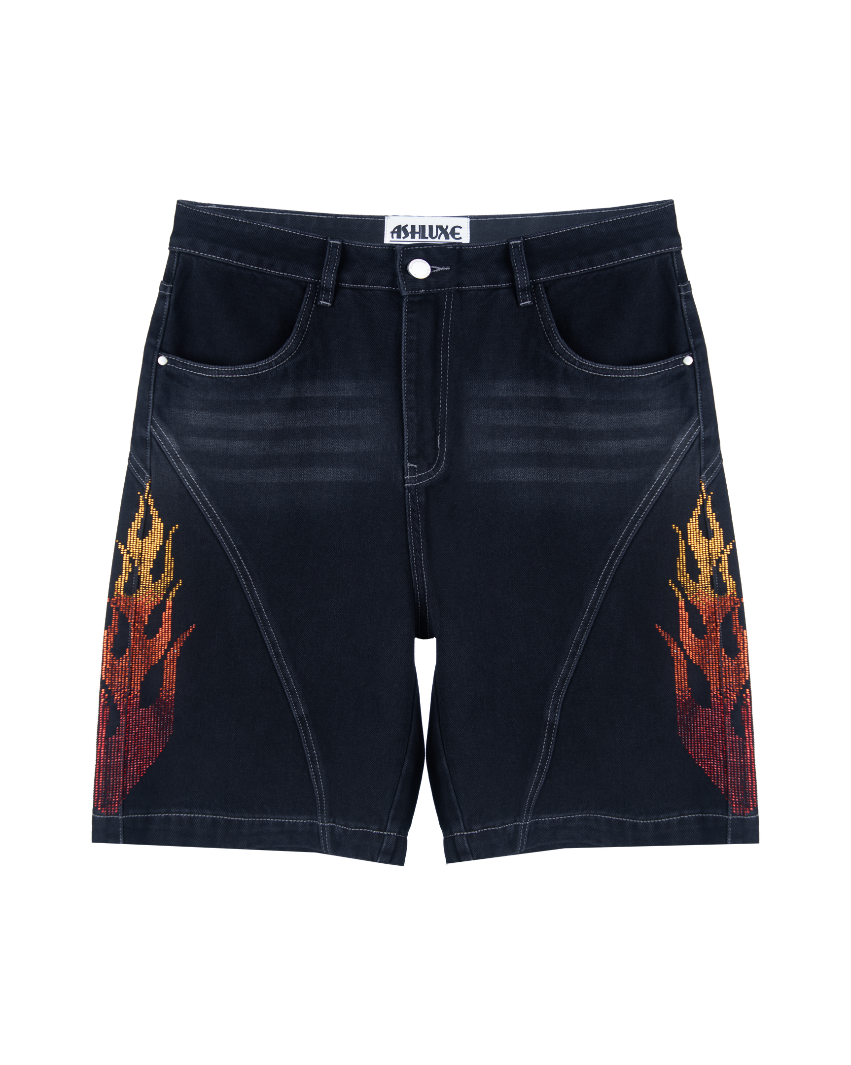 Ashluxe Flame Denim Short in black with red and orange flame embroidery on both sides.