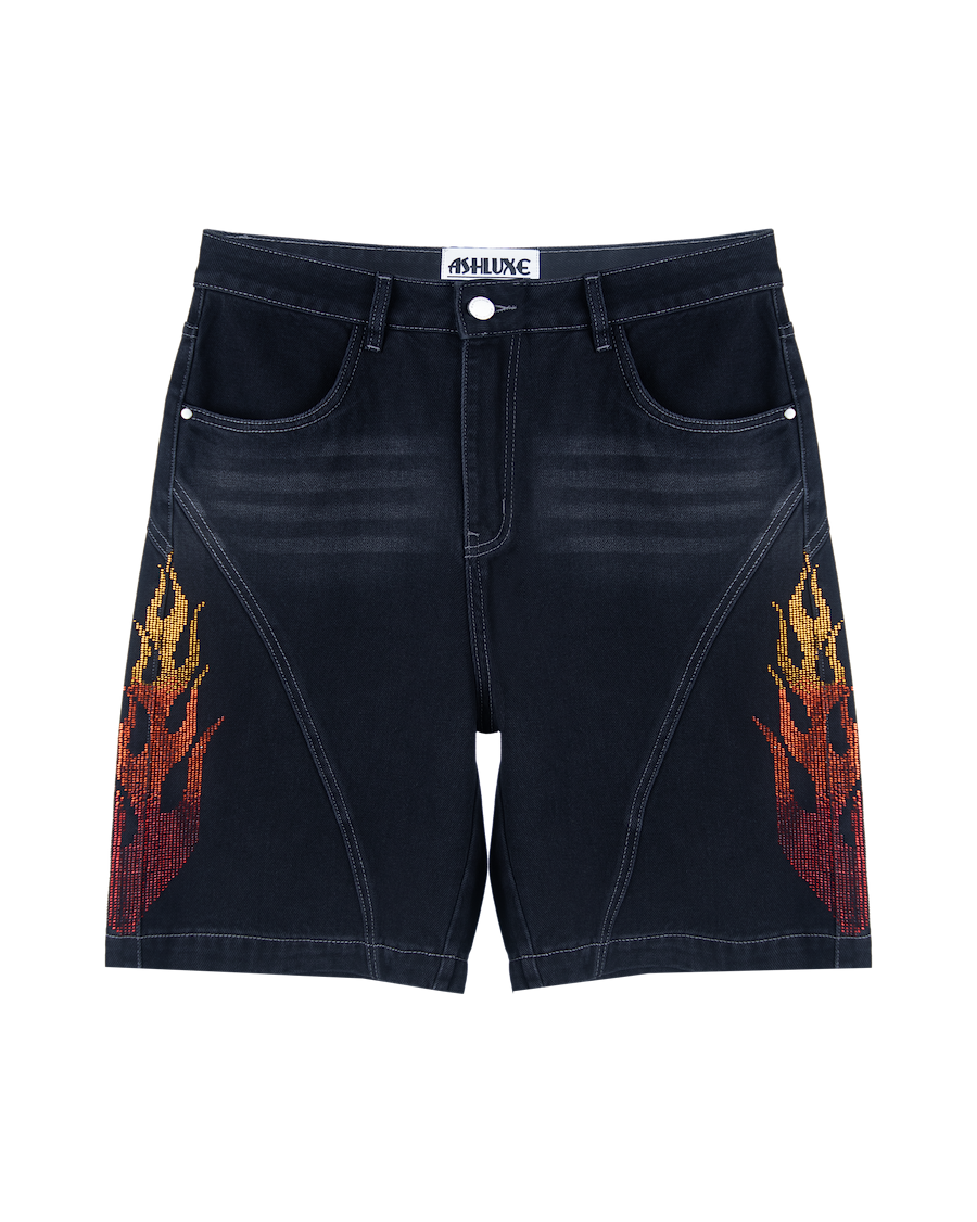 Ashluxe Flame Denim Short in black with red and orange flame embroidery on both sides.