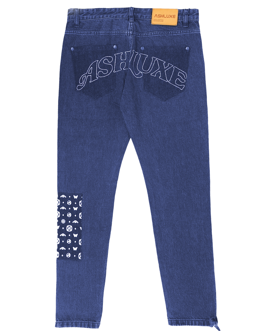 Ashluxe Rhinestone Patch Denim Pant Blue
