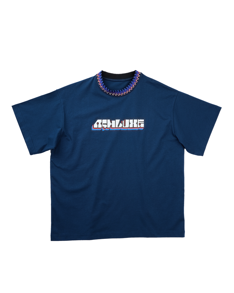 Knitted Neck Rib Logo T-shirt Blue