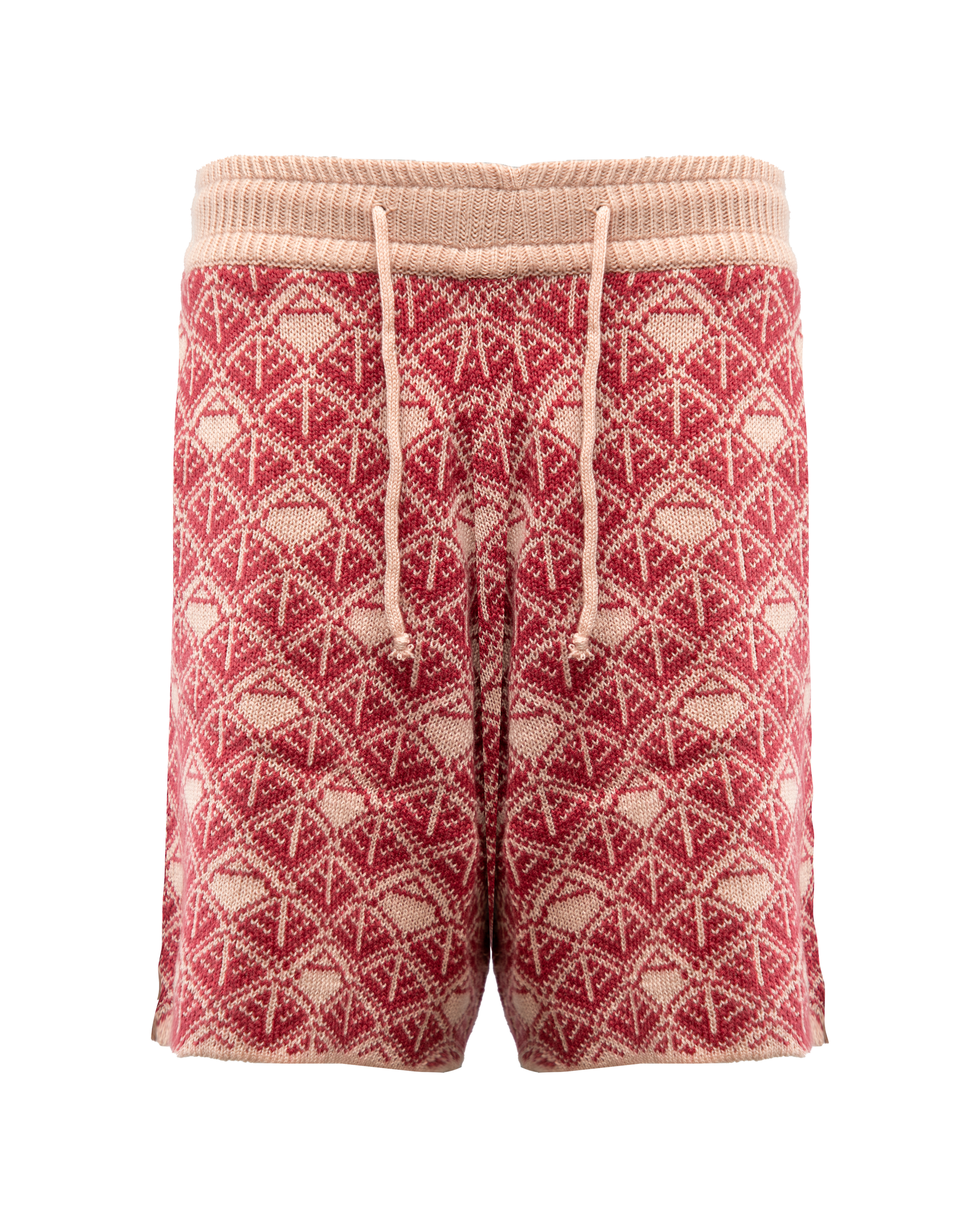 Ashluxe Monogram Knitted Shorts in pink and cream with drawstring waist and geometric knit pattern.