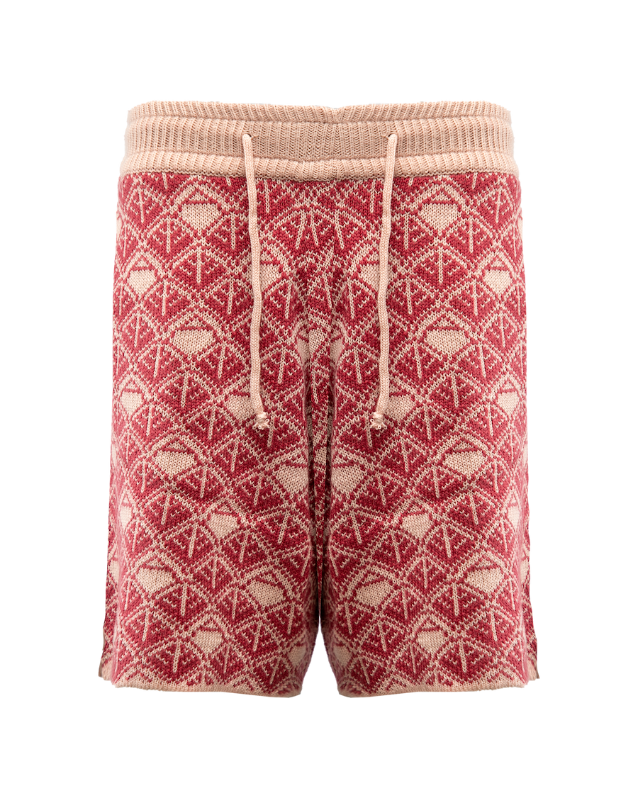 Ashluxe Monogram Knitted Shorts in pink and cream with drawstring waist and geometric knit pattern.