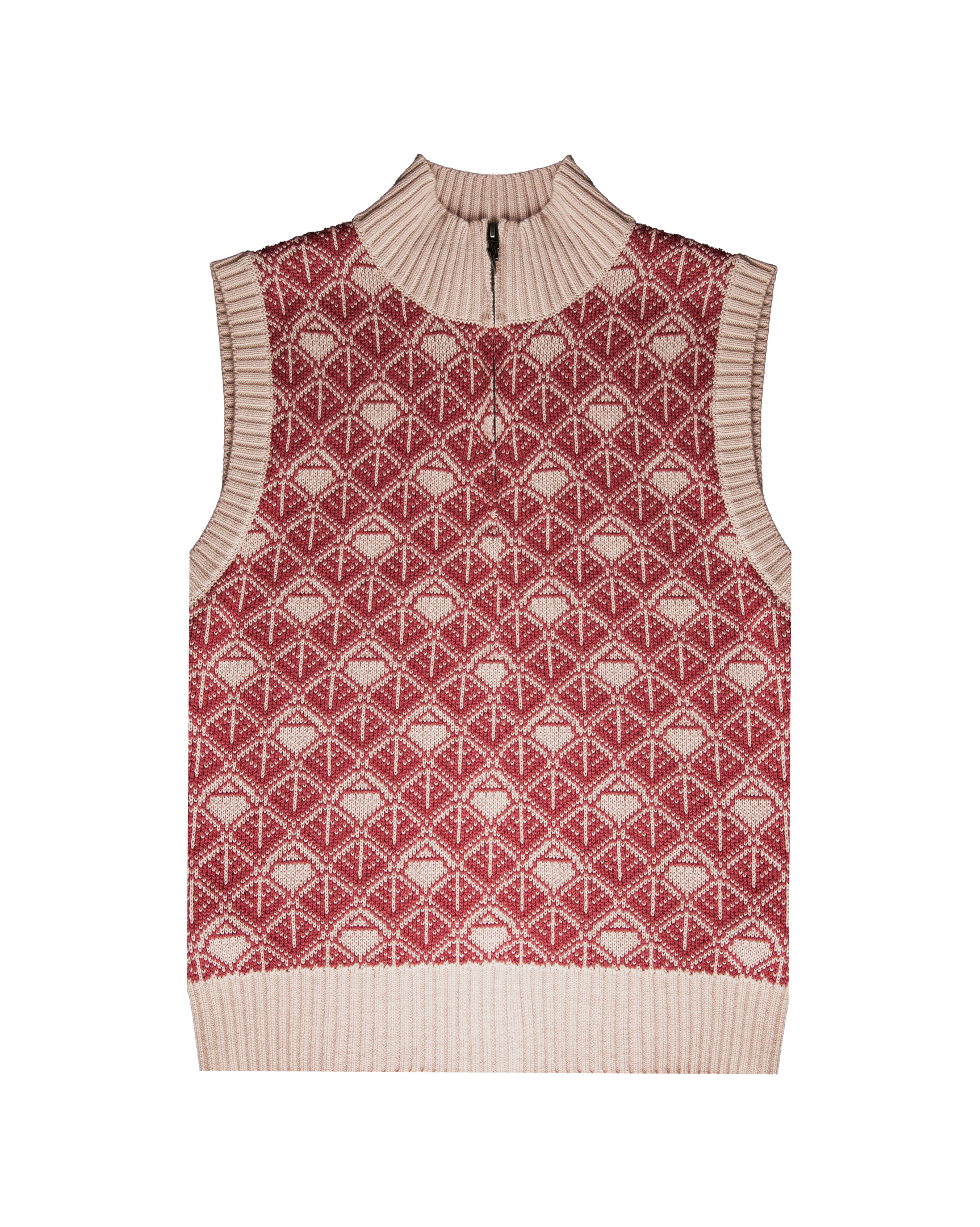 Ashluxe Zip Knitted Vest in pink and creeam with half-zip neckline and geometric monogram pattern.