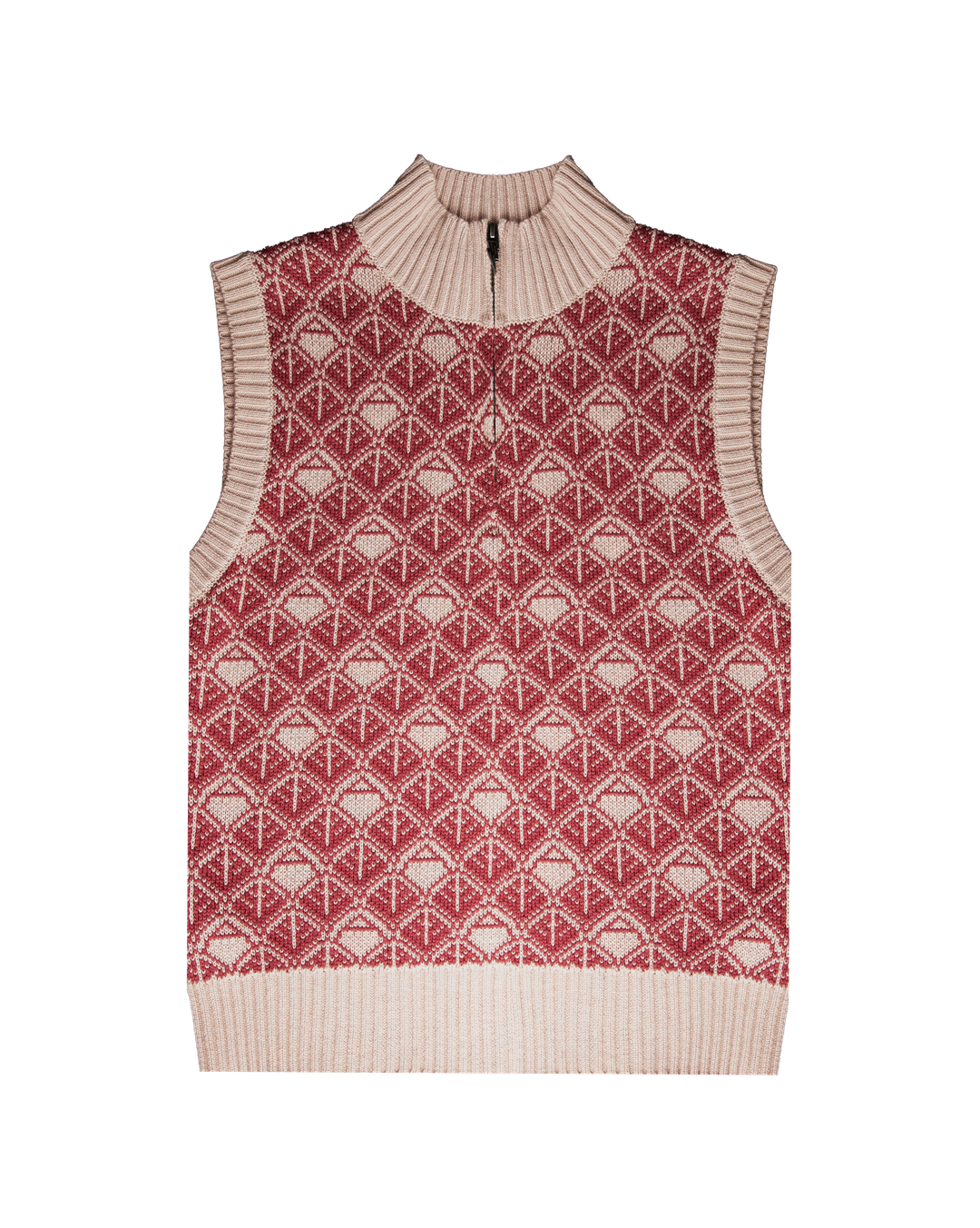 Ashluxe Zip Knitted Vest in pink and creeam with half-zip neckline and geometric monogram pattern.