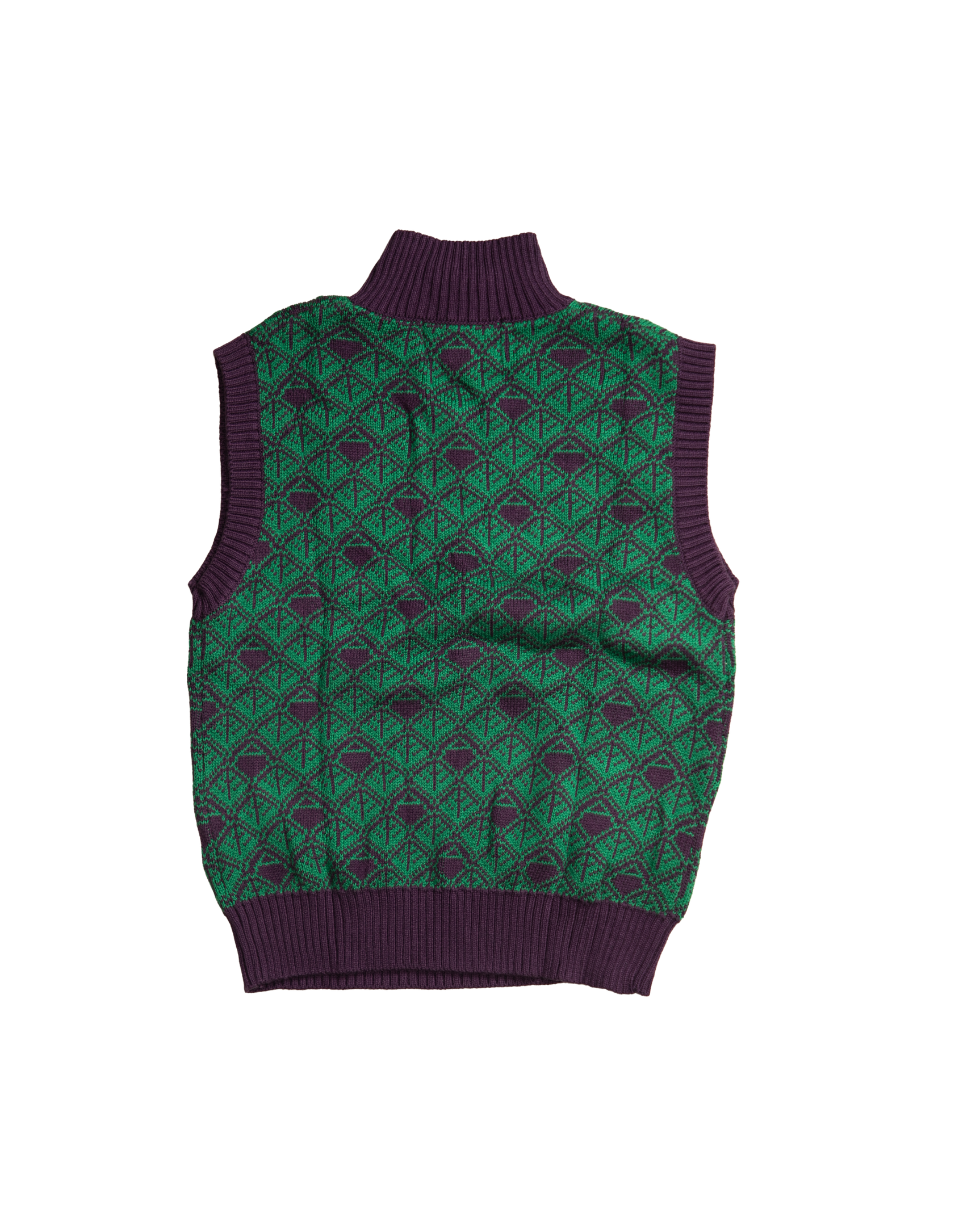 Ashluxe Zip Monogram Knitted Vest in Purple and Green with half-zip neckline and geometric monogram pattern.