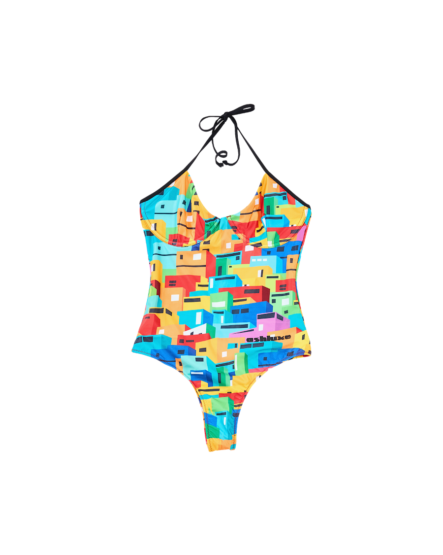 Urban Mosaic Print High Leg Swimsuit Multi