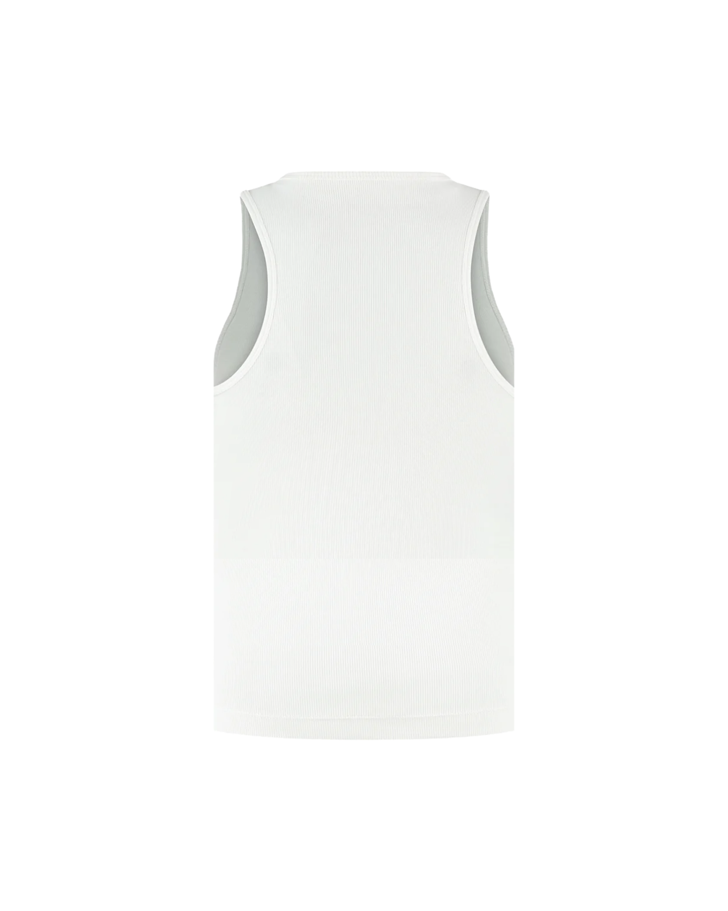 Ashluxe Logo Tank Top in White with black Ashluxe logo printed on the chest, sleeveless ribbed design for a sleek minimalist look - back view.
