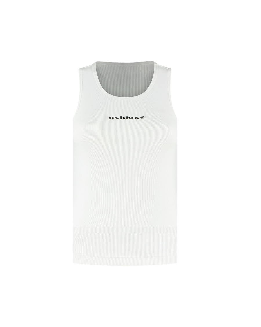 Ashluxe Logo Tank Top in White with black Ashluxe logo printed on the chest, sleeveless ribbed design for a sleek minimalist look.