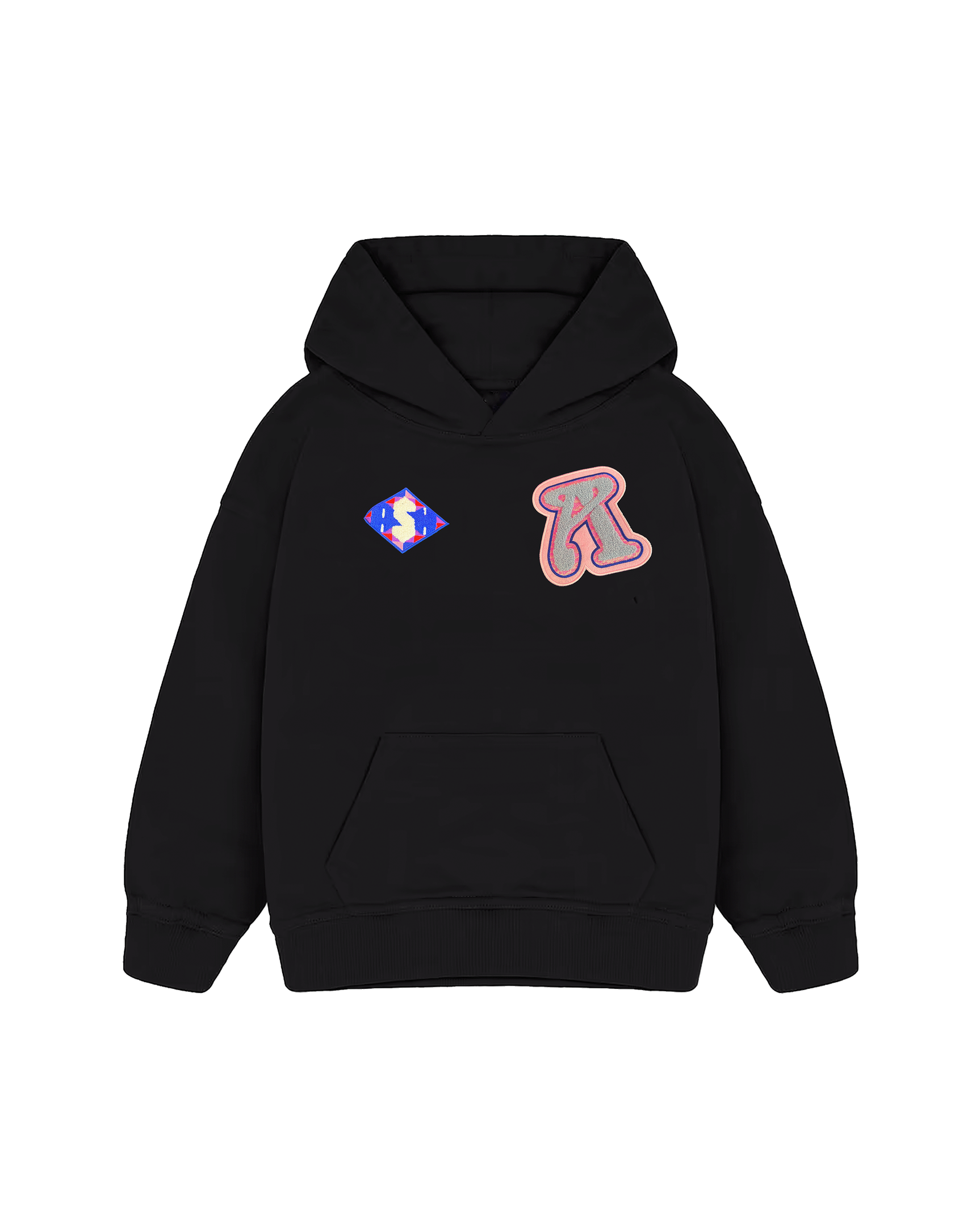 Ashluxe Patch Logo Hoodie in black featuring a multicolor graphic patch and oversized ÃƒÂ¢Ã¢â€šÂ¬Ã…â€œAÃƒÂ¢Ã¢â€šÂ¬Ã‚Â badge on the chest.