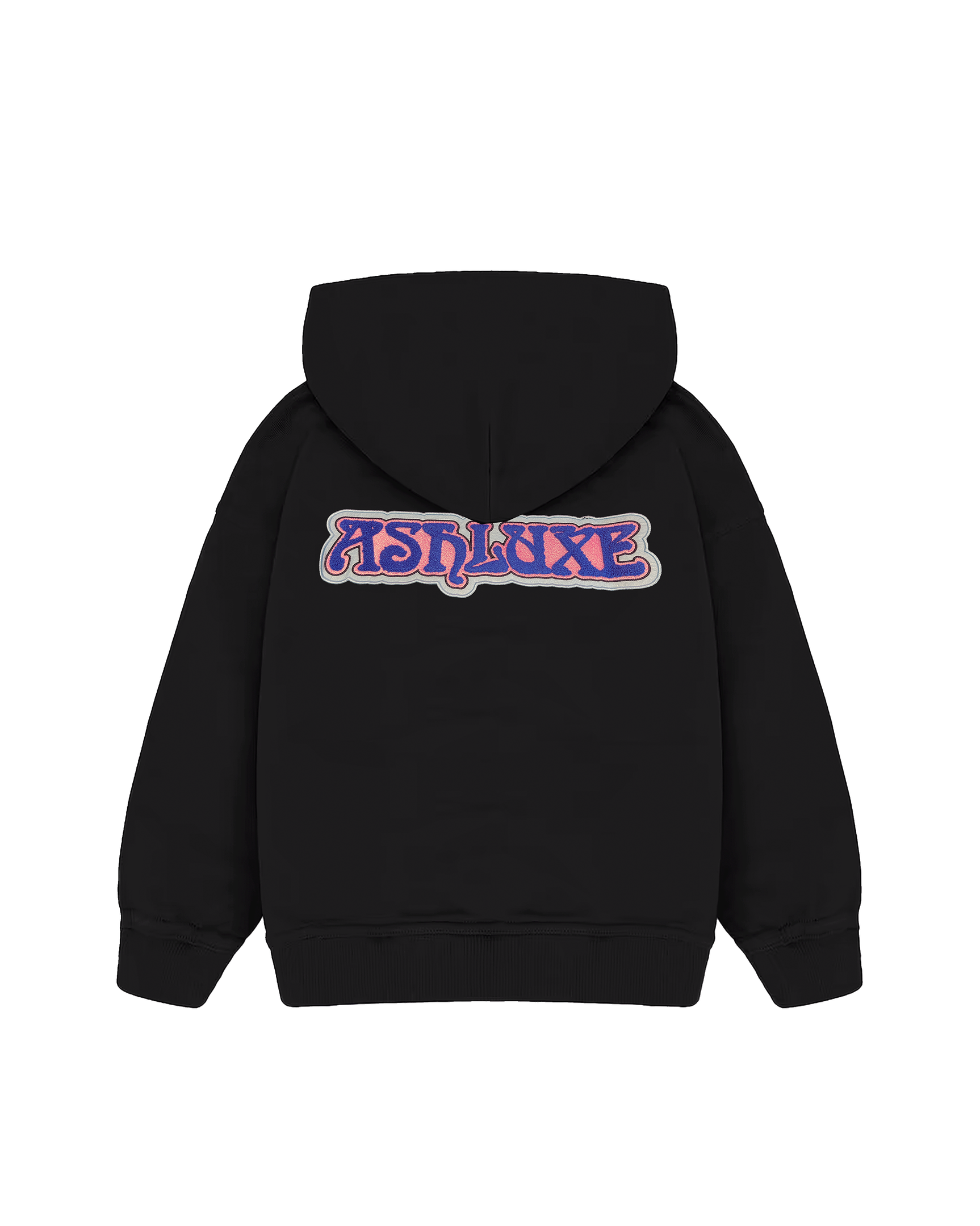 Ashluxe Patch Logo Hoodie in black featuring a multicolor graphic patch and oversized ÃƒÂ¢Ã¢â€šÂ¬Ã…â€œAÃƒÂ¢Ã¢â€šÂ¬Ã‚Â badge on the chest - back view.