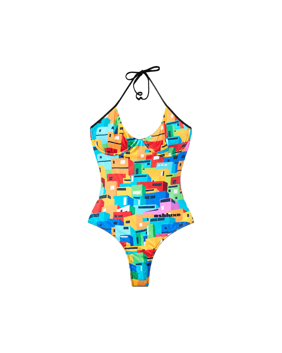 Urban Mosaic Print High Leg Swimsuit Multi