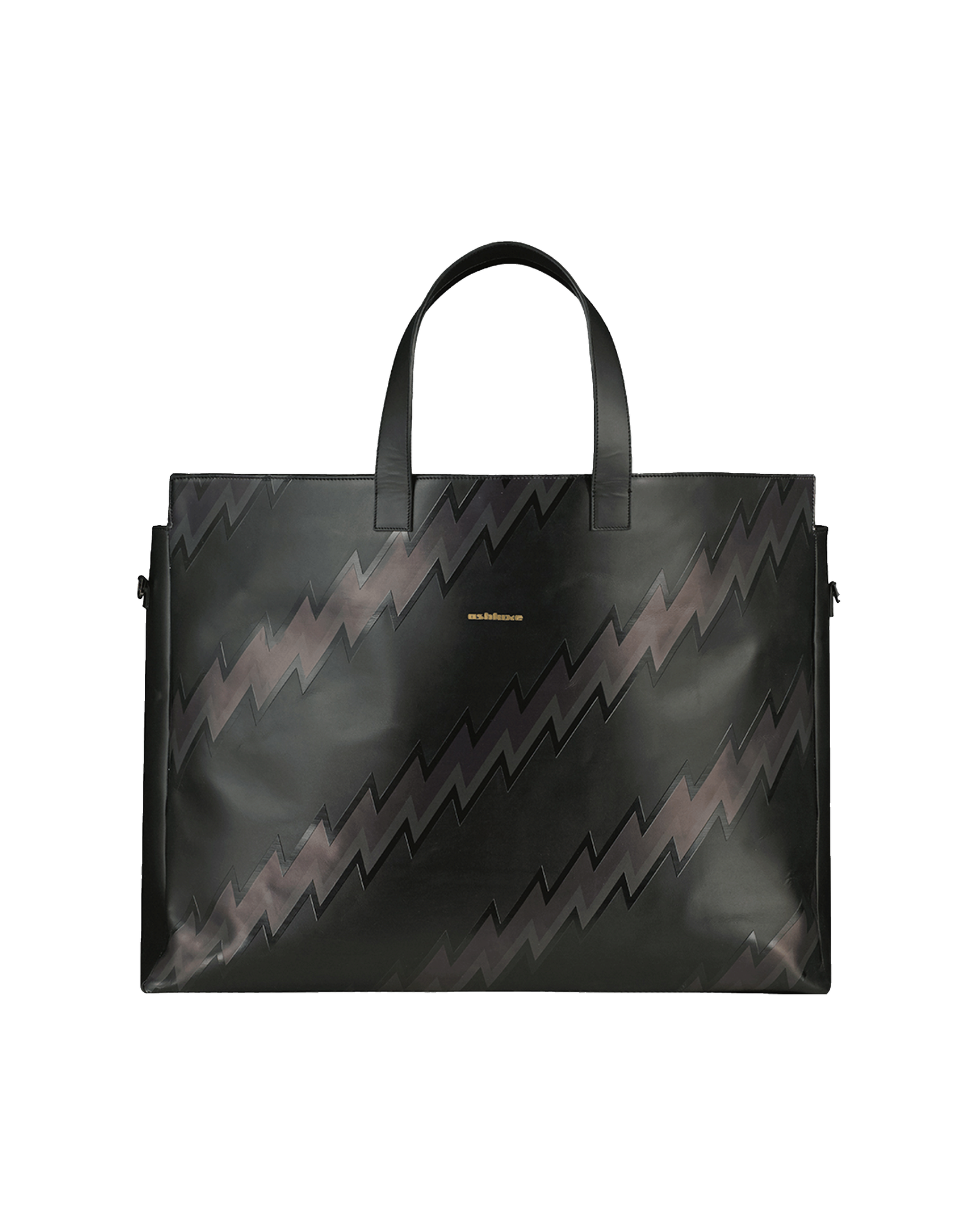 Ashluxe Female Zig Zag Leather Bag in Black with bold black zigzag pattern, structured design, and top handles.