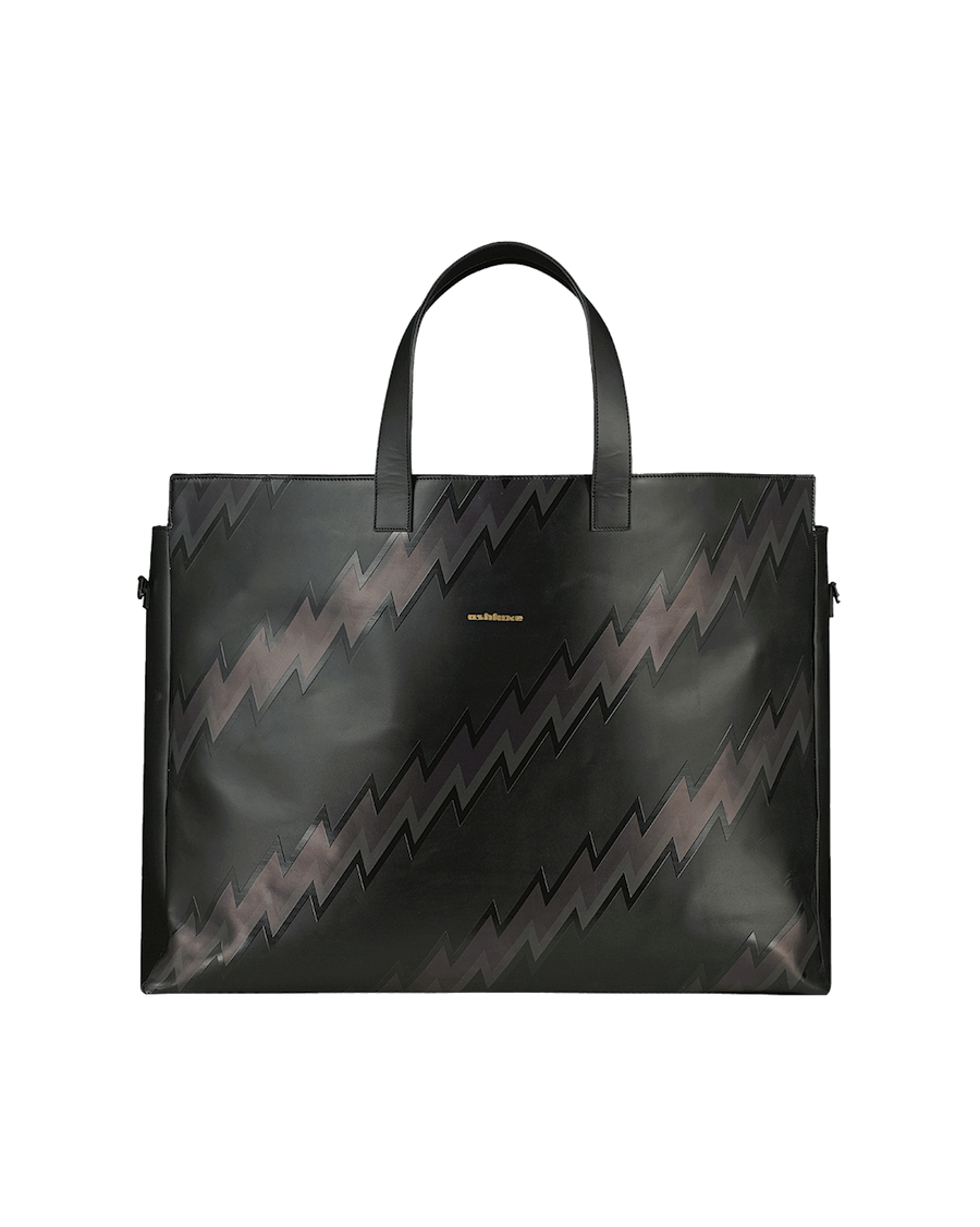 Ashluxe Female Zig Zag Leather Bag in Black with bold black zigzag pattern, structured design, and top handles.