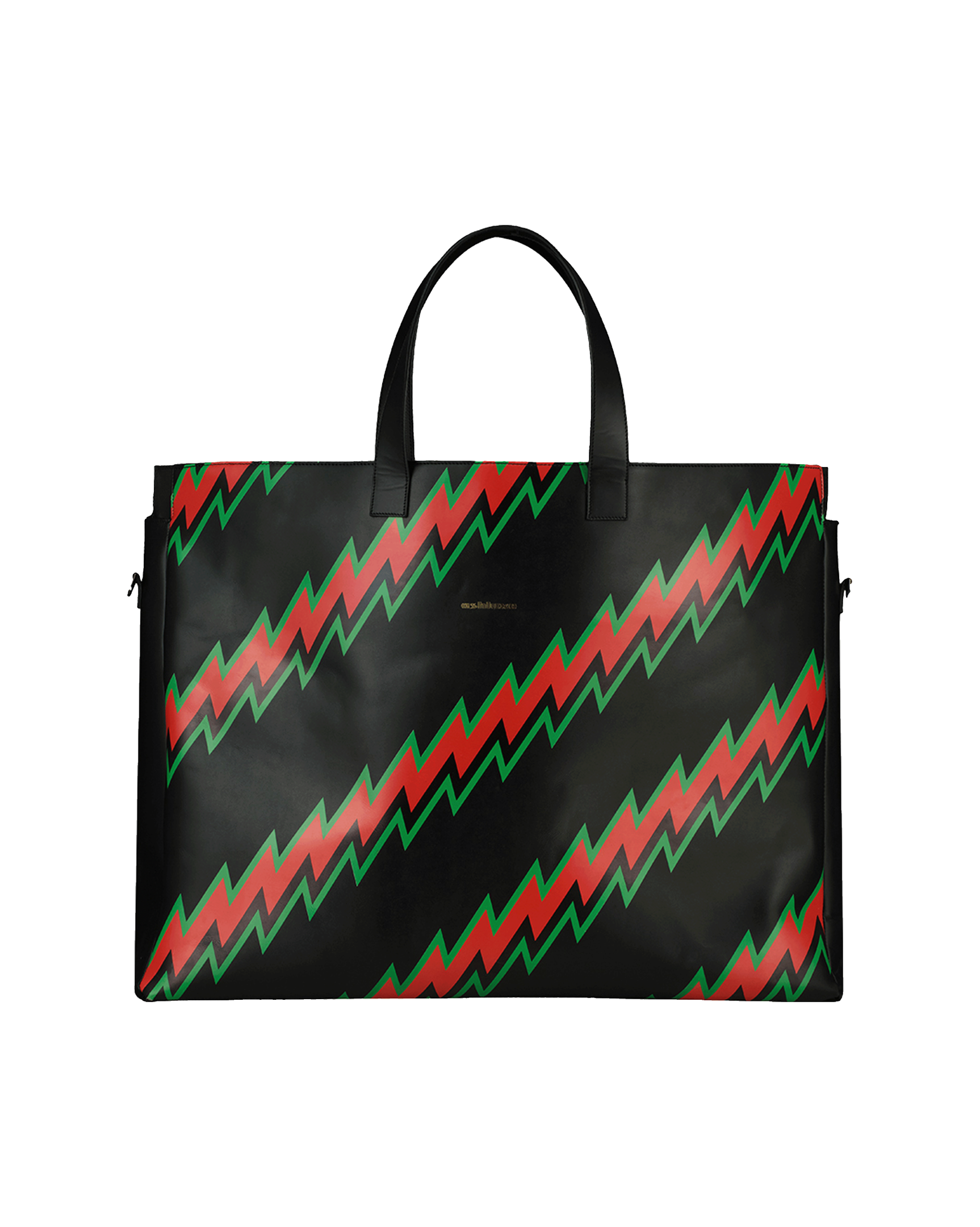 Ashluxe Female Zig Zag Leather Bag in Black with bold red and green zigzag pattern, structured design, and top handles.