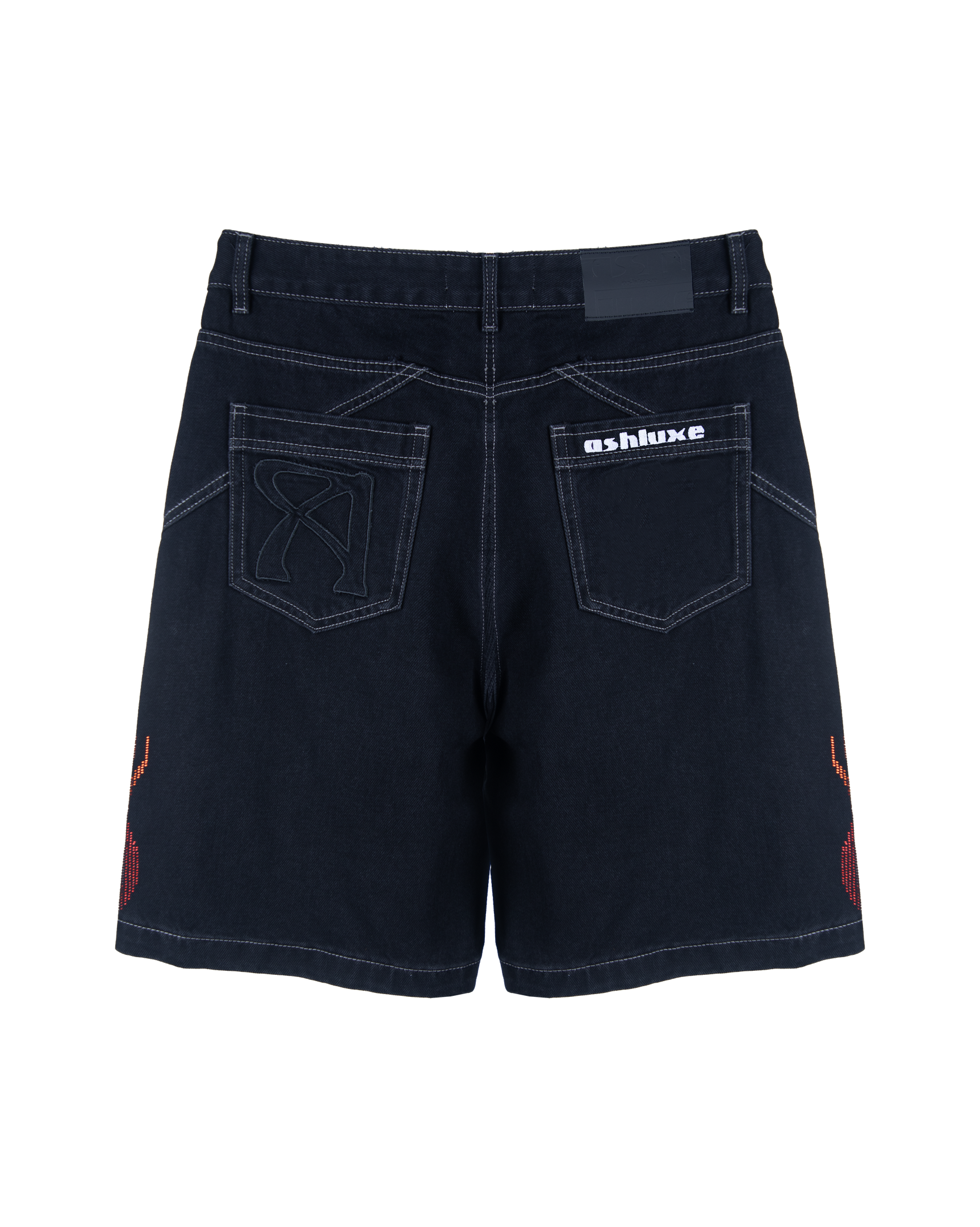 Ashluxe Flame Denim Short in black with red and orange flame embroidery on both sides - back view.