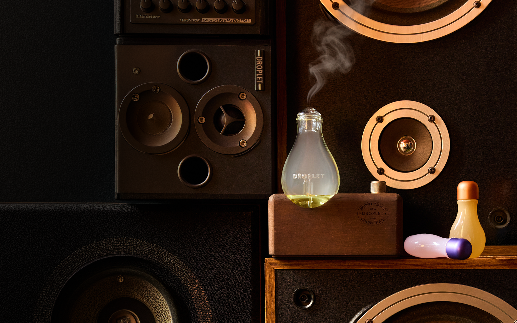 Droplet Scent Amplifier on a stack of vintage speakers