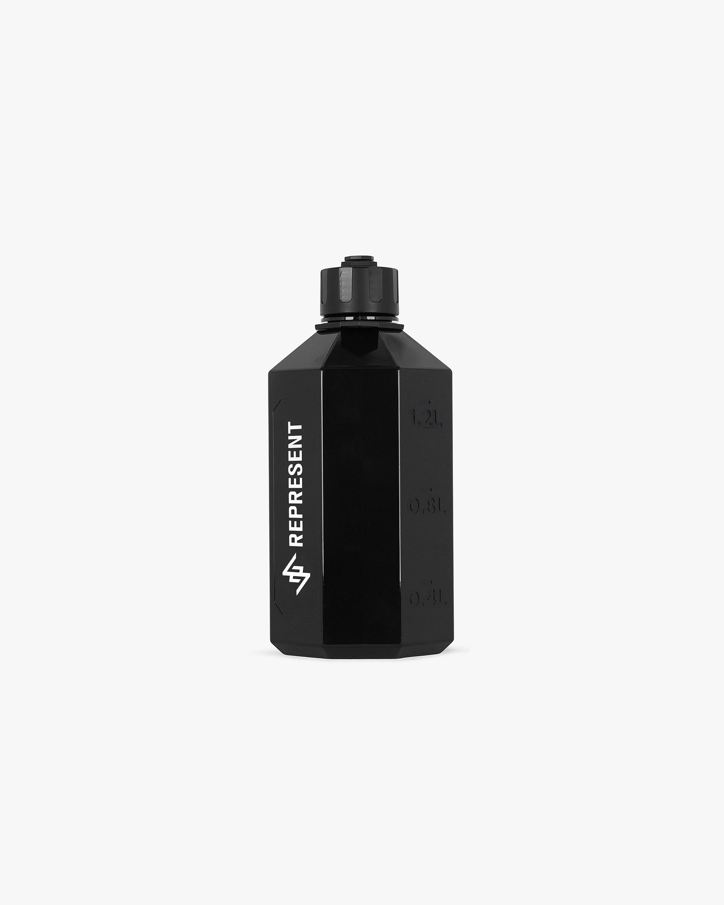 Back product image of a mens black water bottle on a plain white background | 247 Bottle XL in Smoke | 1600ml capacity with leak proof screw cap | 247 Accessories | Represent Clo