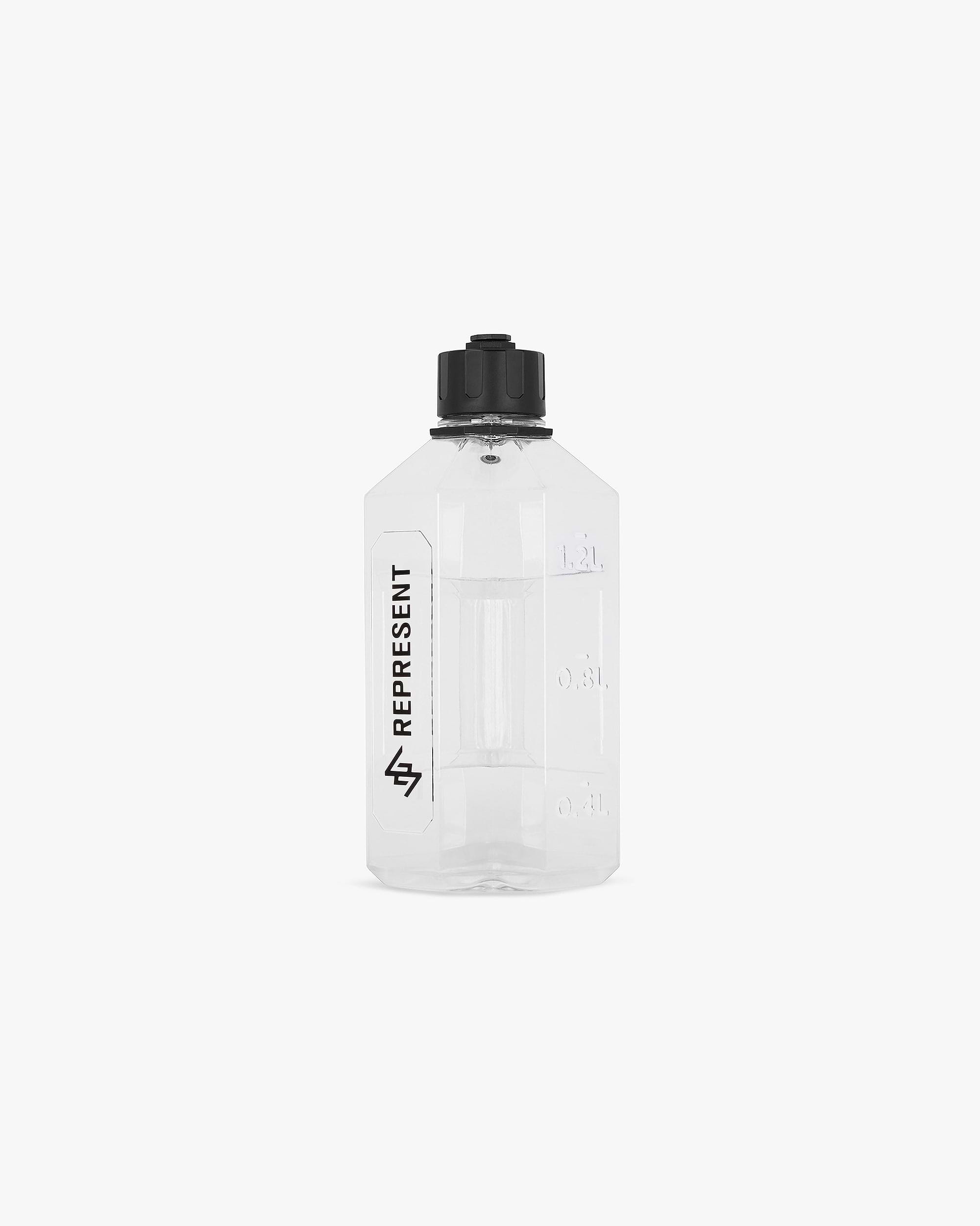 Back product image of a mens clear water bottle on a plain white background | 247 Bottle XL in Clear | 1600ml capacity leak-proof water bottle | 247 Accessories | Represent Clo