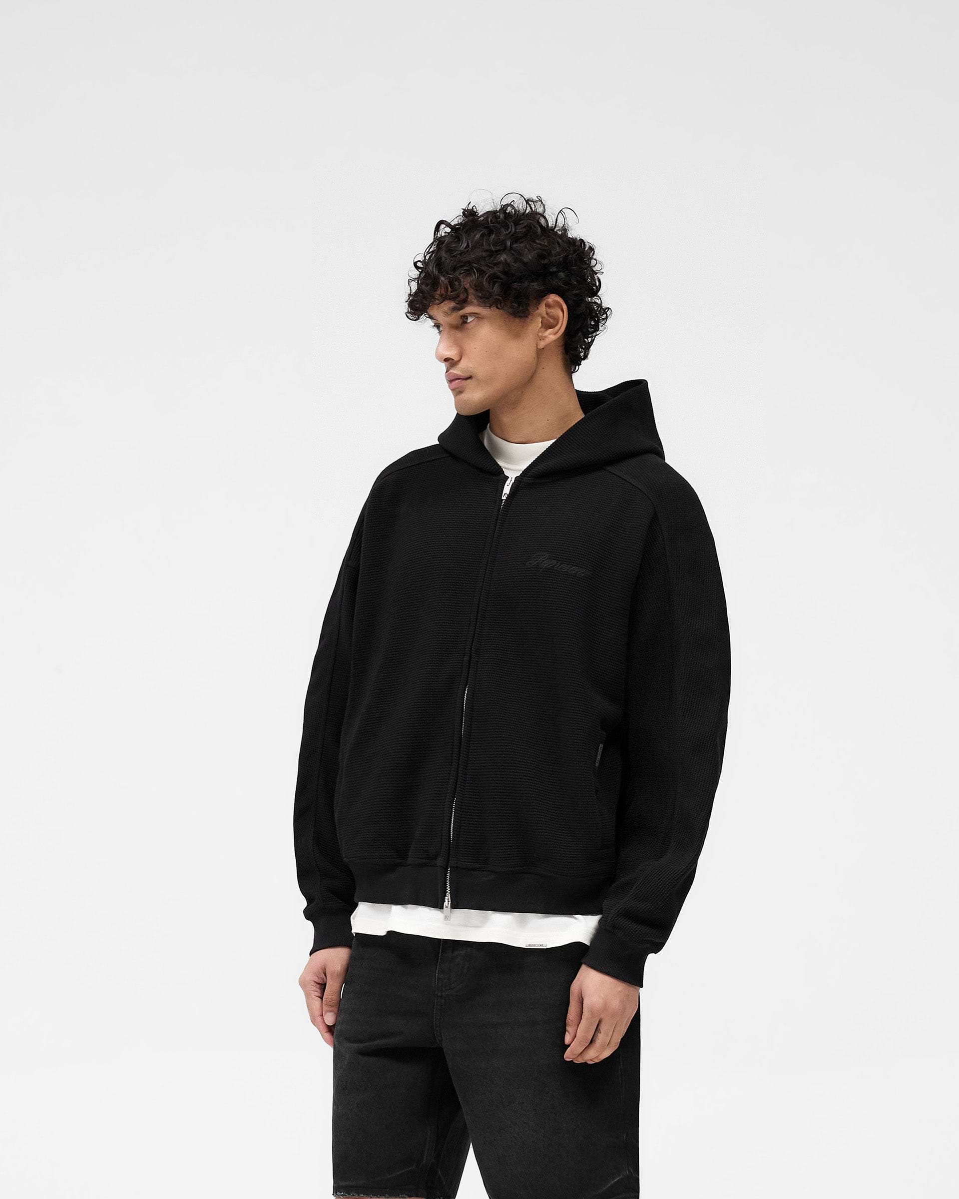 Waffle Zip Through Hoodie - Tiefschwarz