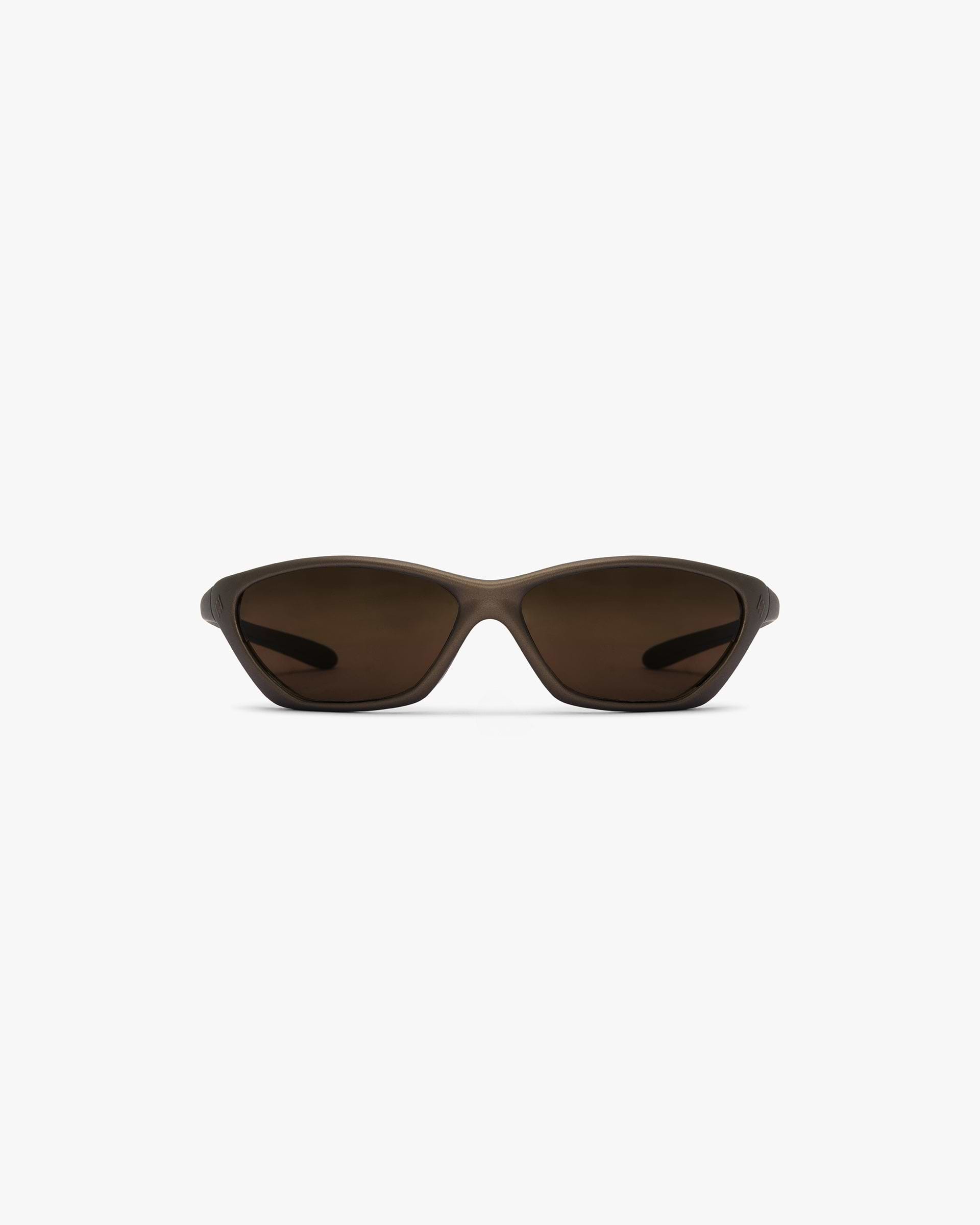 Front product image of mens bronze sunglasses on a plain white background | 247 Arena Sunglasses in Bronze | Distinctive bronzed frame sunglasses | 247 Accessories | Represent Clo