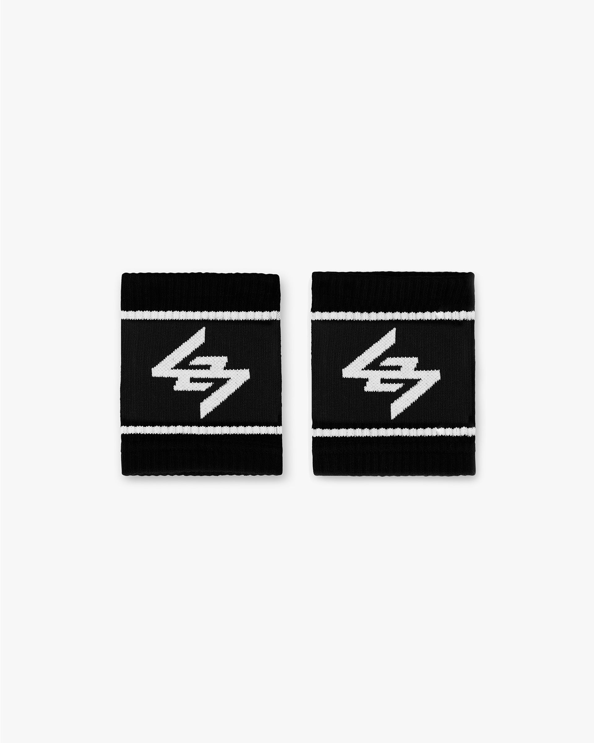 Front product image of a mens black wrist band on a plain white background | 247 Logo Wrist Bands in Black | Stylish wrist band with logo detail | 247 Accessories | Represent Clo