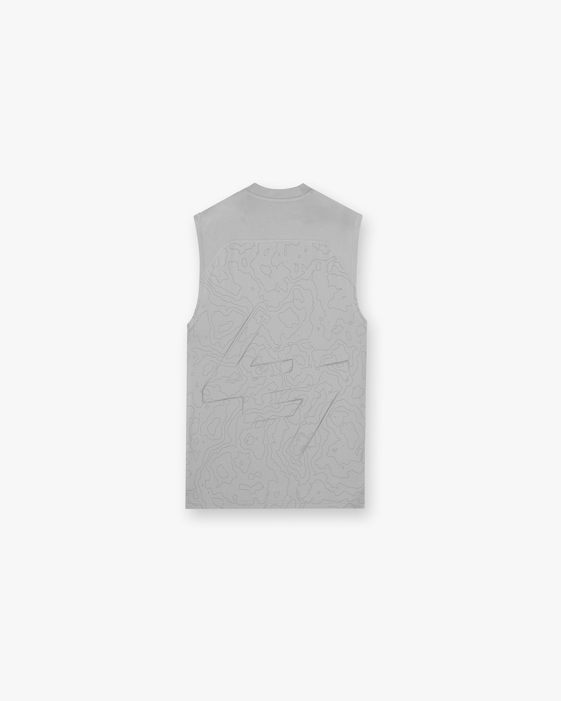 Front product image of a mens grey tank on a plain white background | 247 Contour Run Tank in Titanium | Tank with moisture wicking Drirelease fabric | 247 T-Shirts | Represent Clo