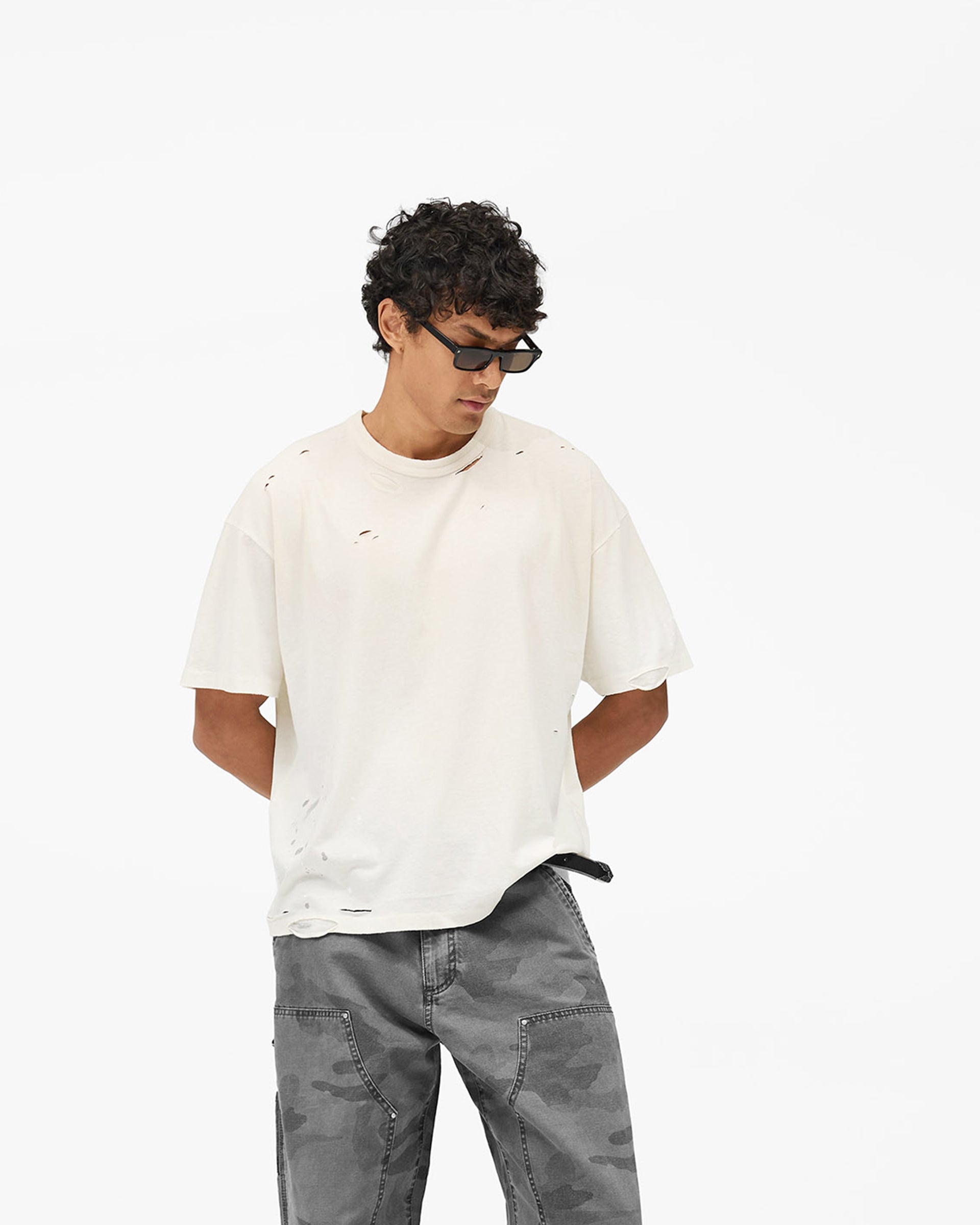 MH Paint Short Sleeve T-Shirt - Washed Ecru - Cropped Model - Front
