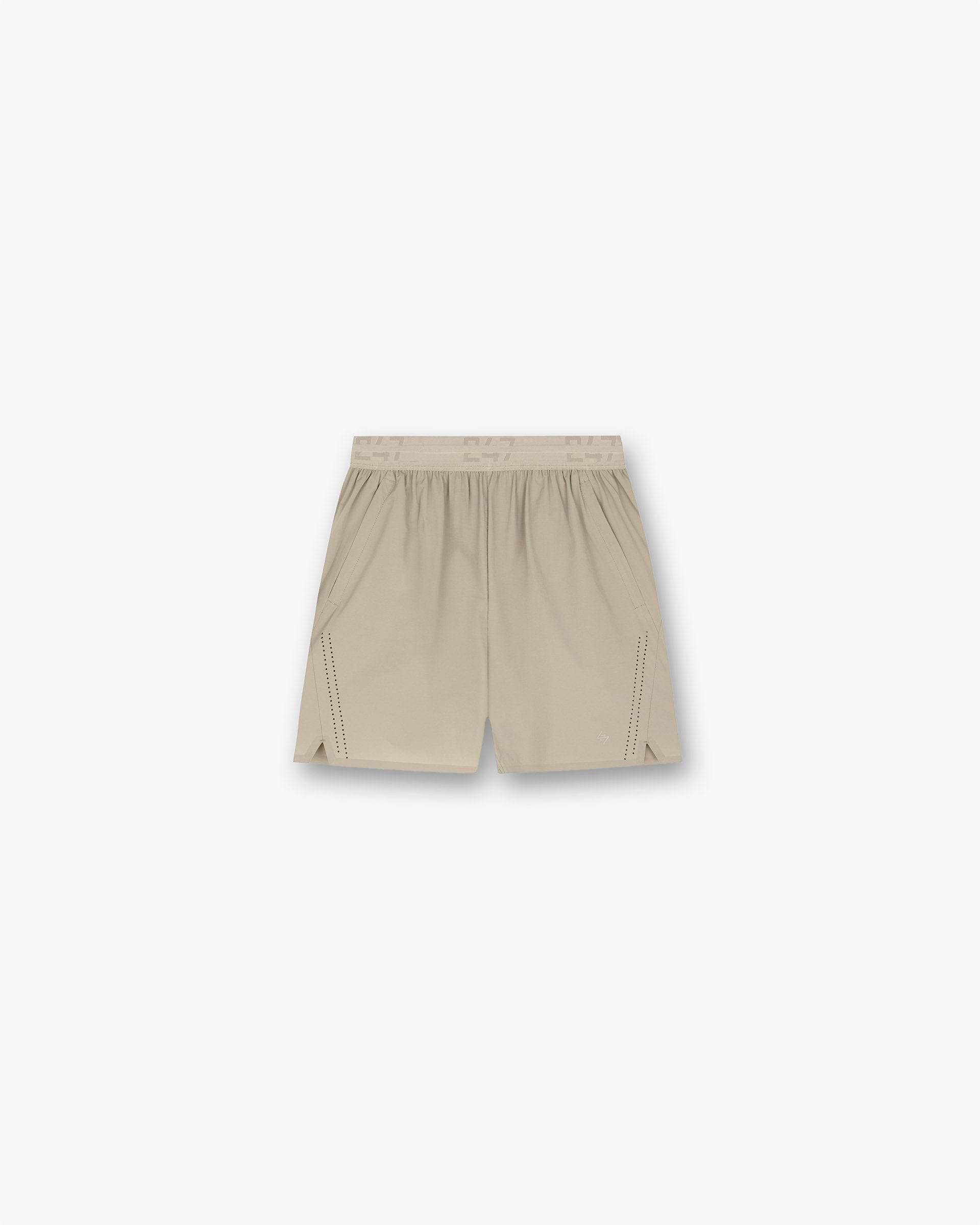 Front product image of mens grey shorts on a plain white background | 247 Training Shorts in Pebble | Polyester shorts in light grey | 247 Shorts | Represent Clo