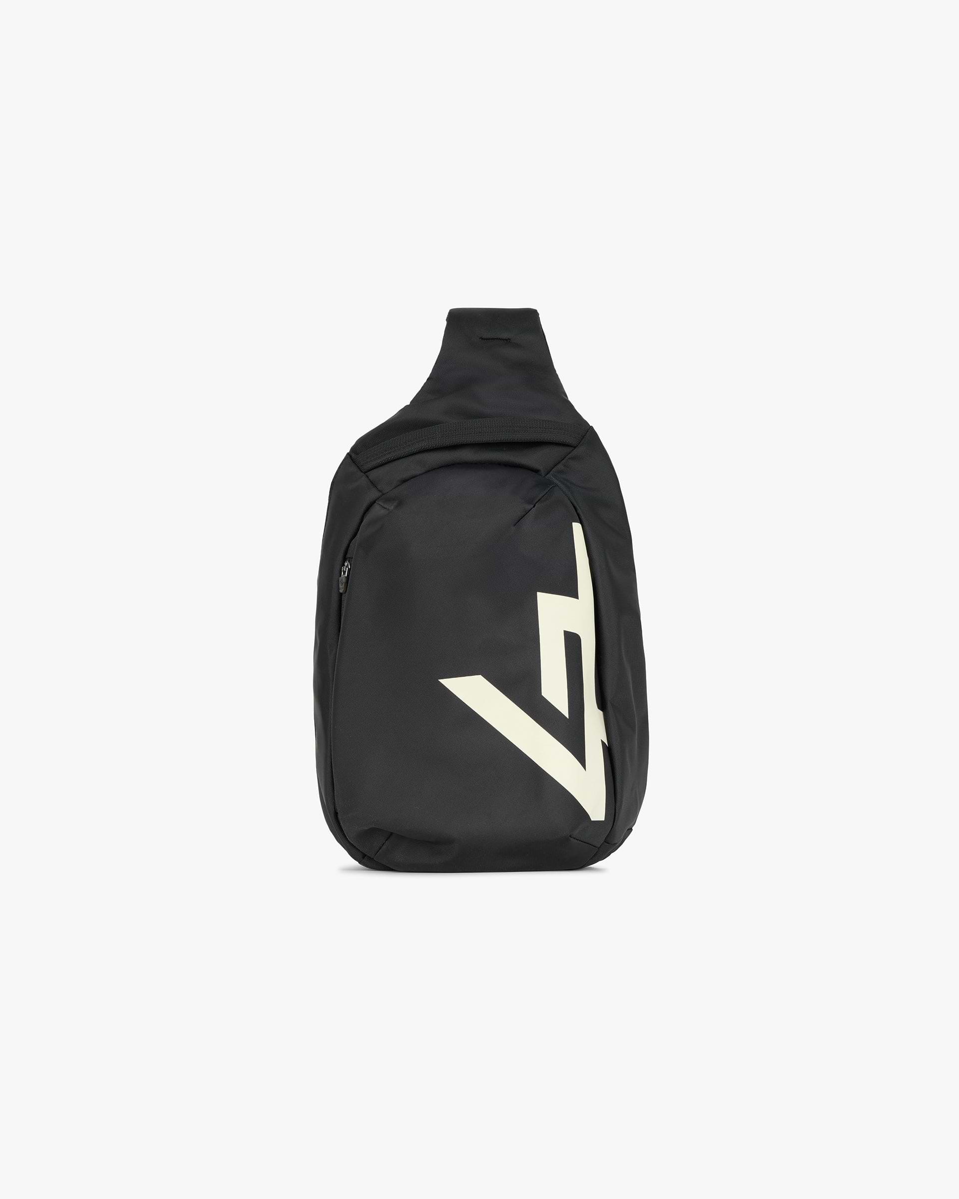 Front product image of a mens black sling bag on a plain white background | 247 Sling Bag in Black | Sling bag with adjustable strap | 247 Accessories | Represent Clo