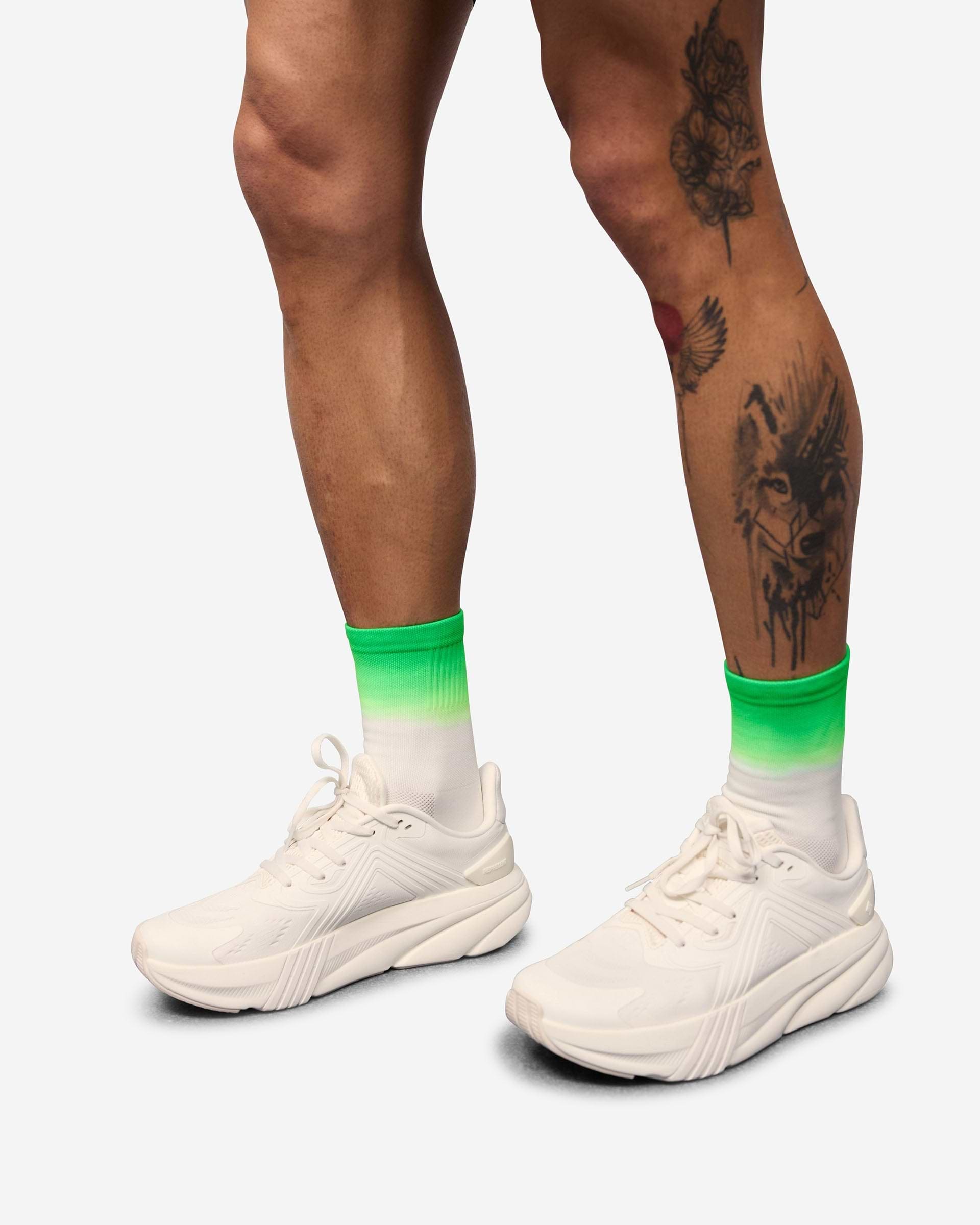 Back product image of mens green sock on a plain white background | 247 Ombre Race Sock in Speed Green | Lightweight race quality socks | 247 Accessories | Represent Clo